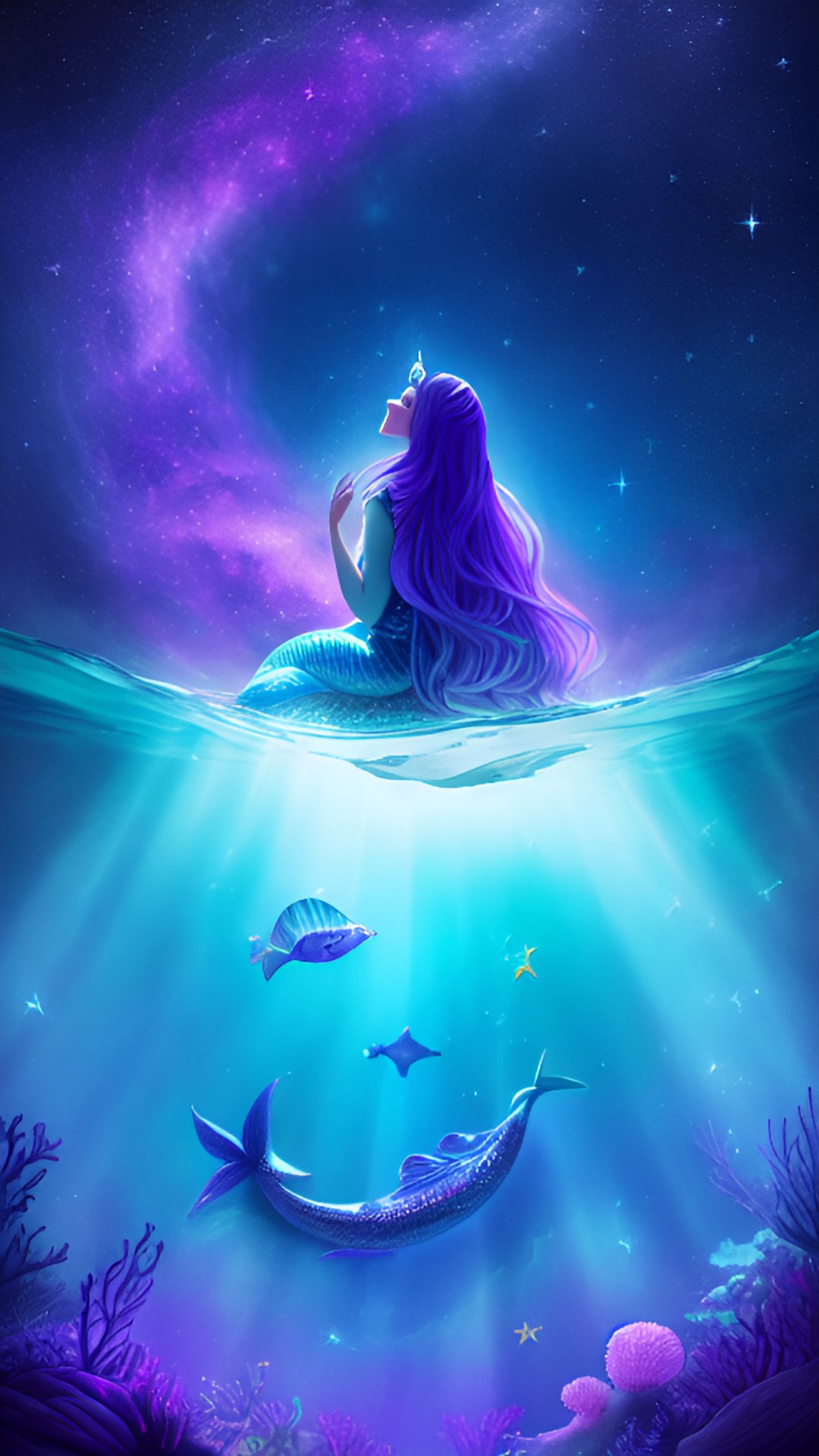 a mermaid queen gazing out at a shimmering underwater galaxy with glowing sea creatures in shades of blue and purple. preview