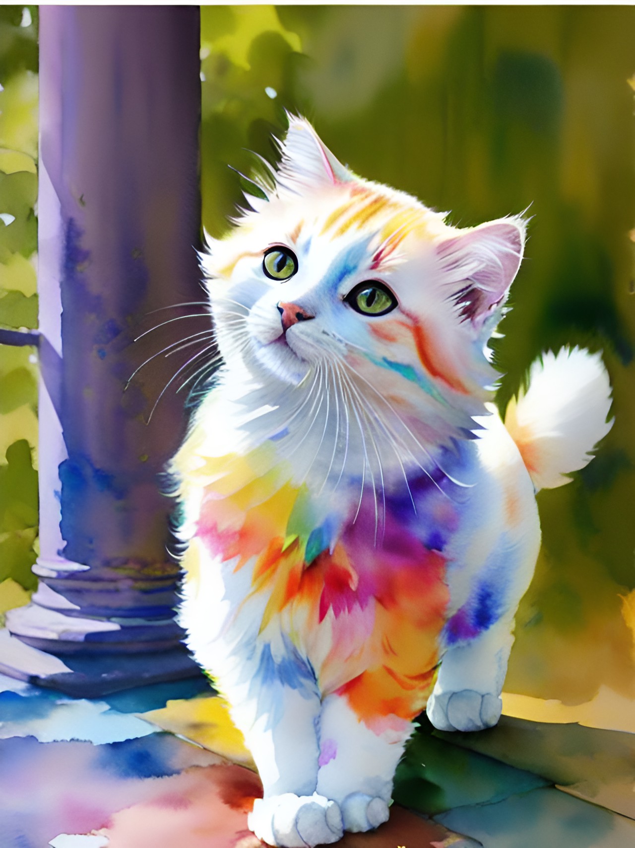 white fluffy cat flexing his paws colorful preview