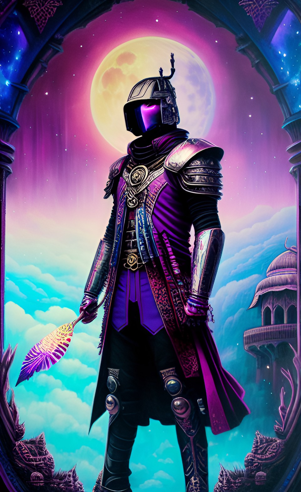 tarot card, futuristic hunter, dark grayish magenta armour, shibuya aesthetic, full moon, colorful, indian, han blue, dystopian background, wallpaper, ultra detailed, 8k, calvin ma preview