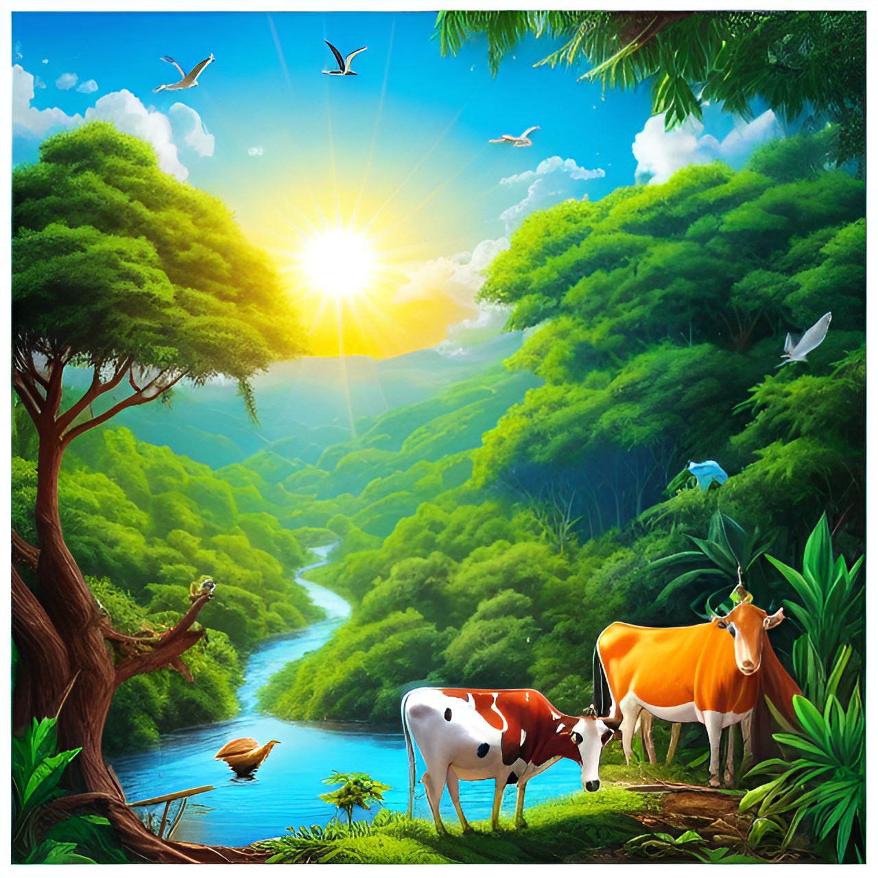 jungle, cow drinking water, birds on tree sun in sky preview