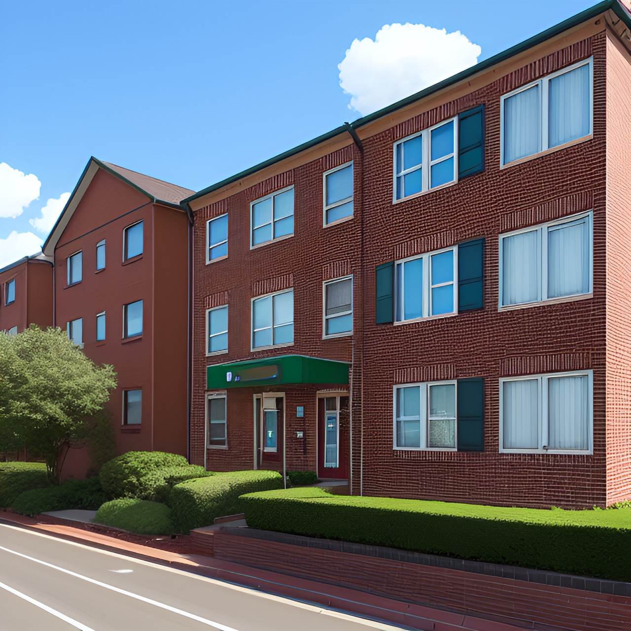 brick apartment buildings on a hill with wide road and tram tracks preview