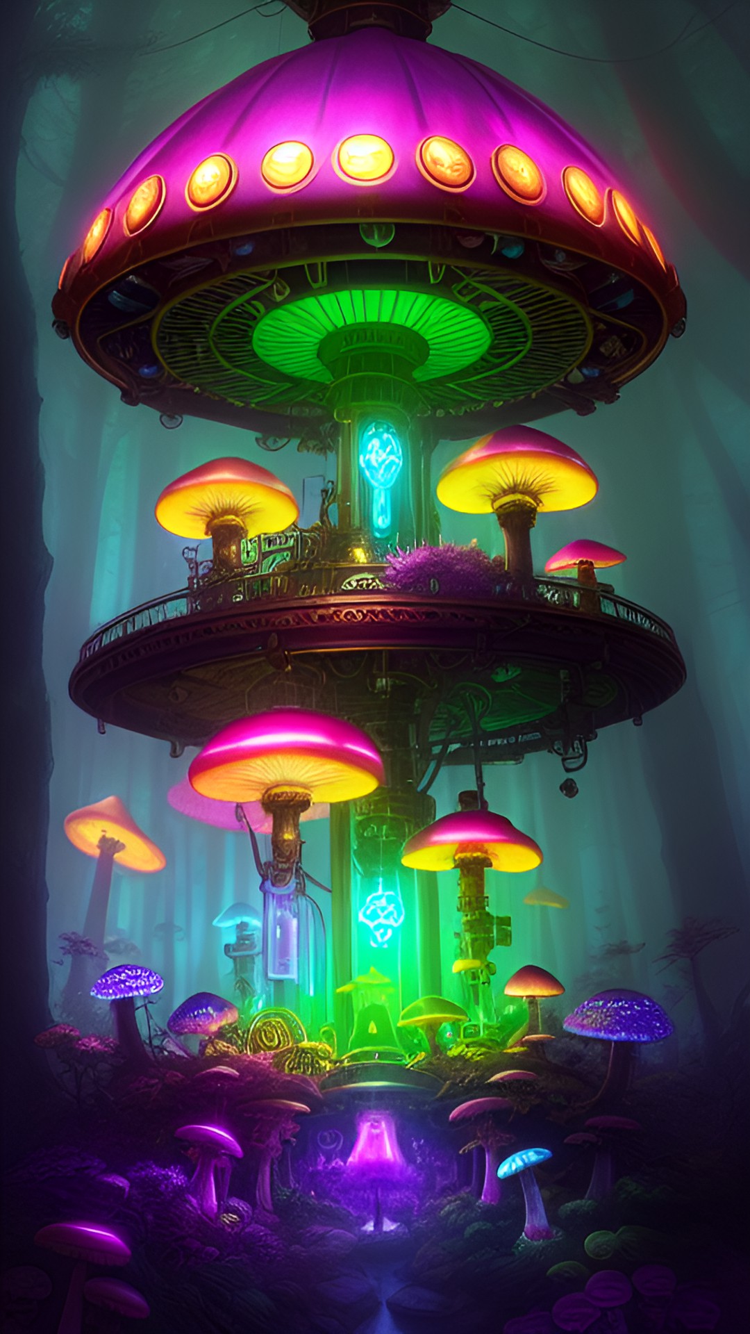 Mushrooms - magical mushrooms in a dark forest, glowing with neon colors and surrounded by a mist. ethereal and surreal, they seem to hold a secret power. preview