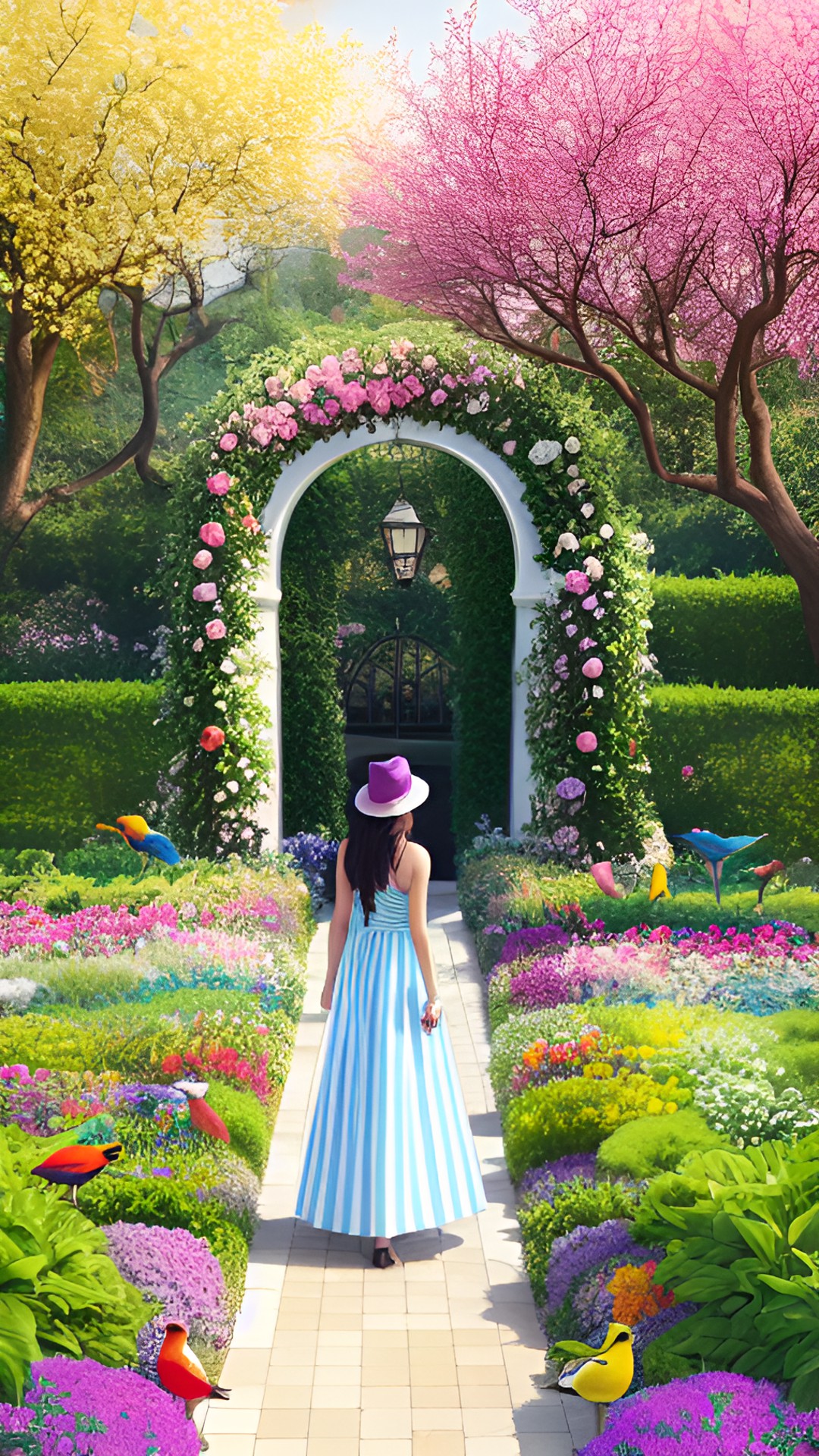 a magical garden with a stylish woman feeding colorful birds and surrounded by blooming flowers. preview