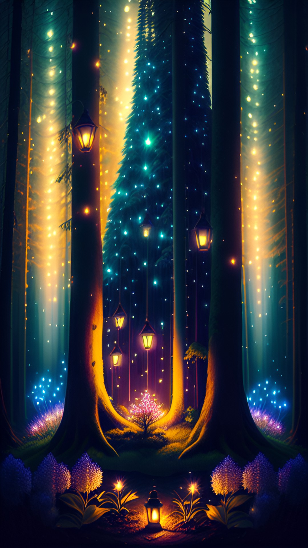 in a magical forest, night, fireflies, blooming flowers, fairy lights. preview