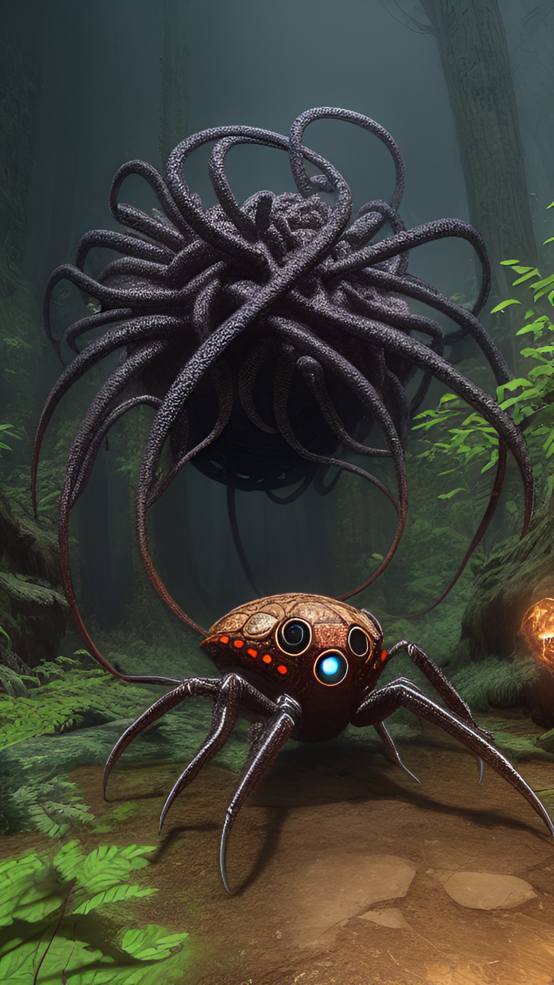 giant anthropoda; tentacle spider, cybernetics, surreal form; 9 eyes; fear is near; crawlers; rustic shape, unreal engine 5 preview