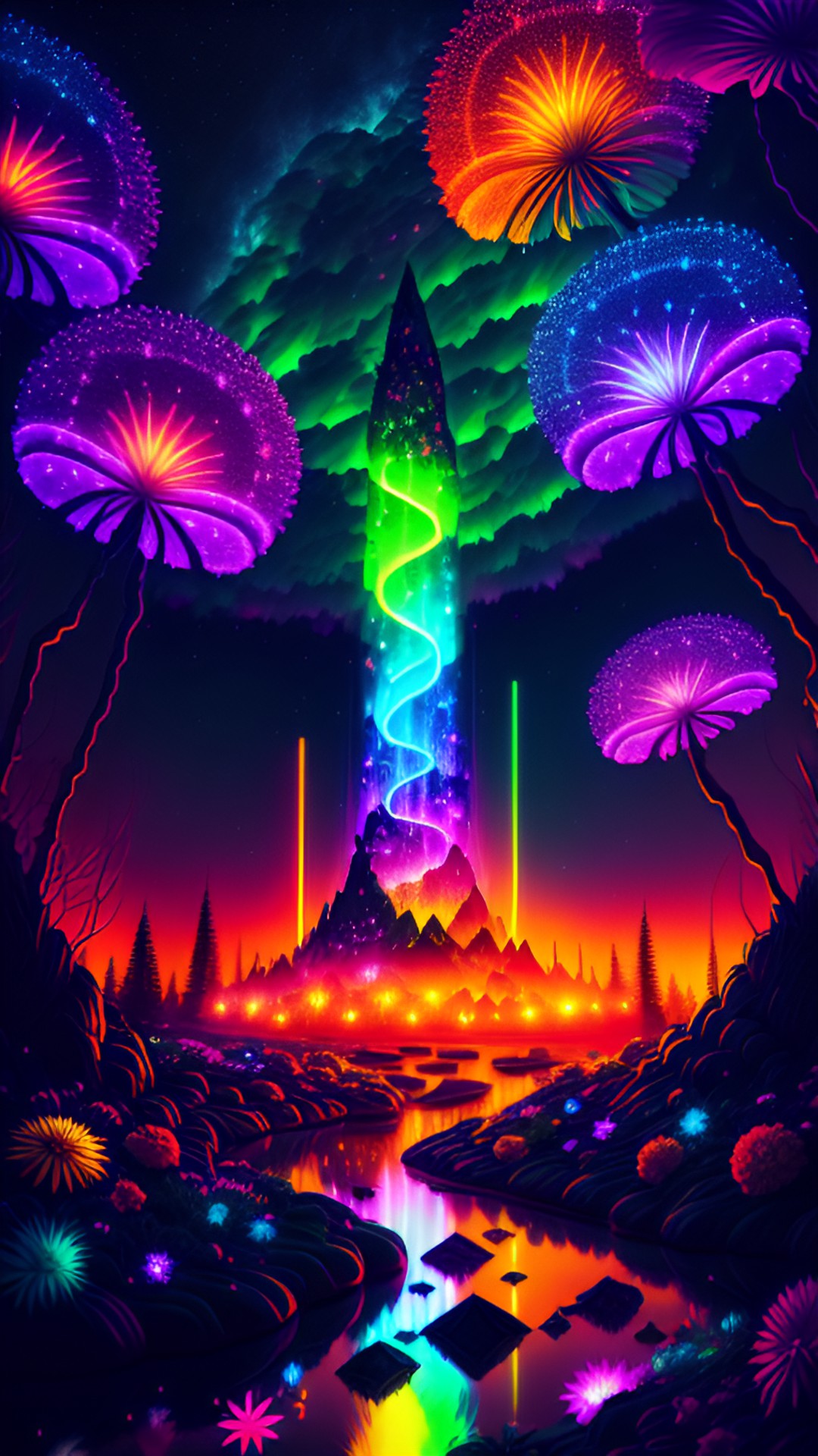 apocalyptic gemstones neon multidimensional planetary multicolor fluo city forest sunflare, monster, flowers, garden, streams, night, lanterns, bioluminescent, ligthnings, gemstones, stars, fluo, neon, volcano, fireworks preview