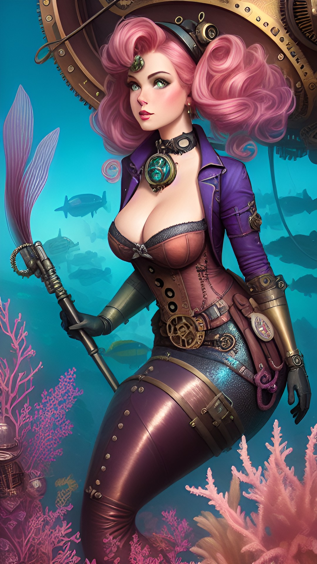 Steampunk Mermaid - a pink mermaid underwater preview