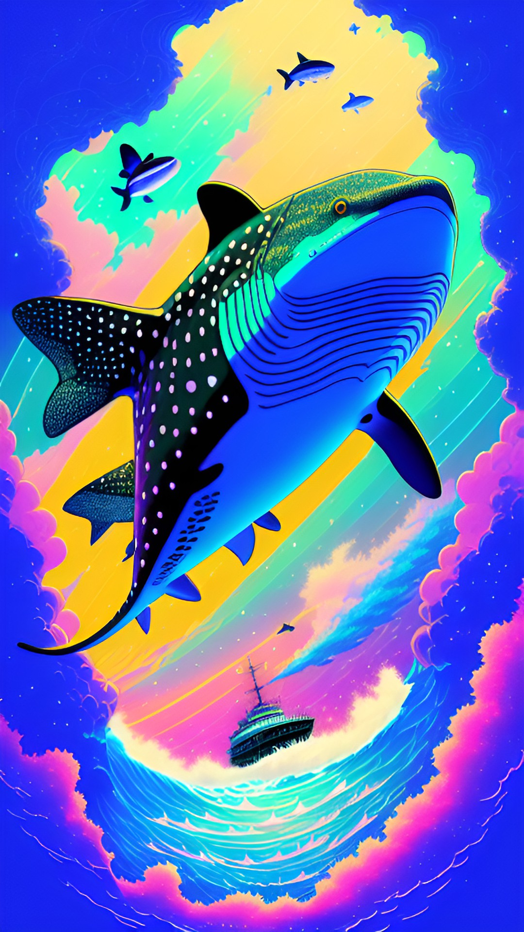 whale shark and sea creatures flying through the sky luminescence preview