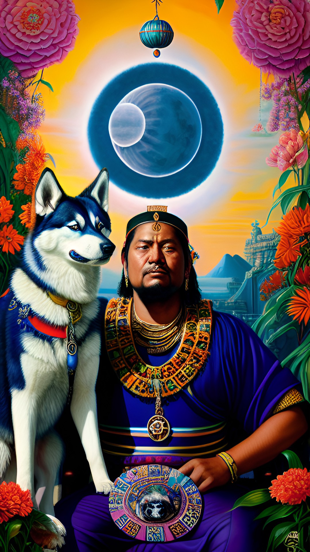 the emperor pakal of ancient maya with his husky dog while predicting a solar eclipse preview