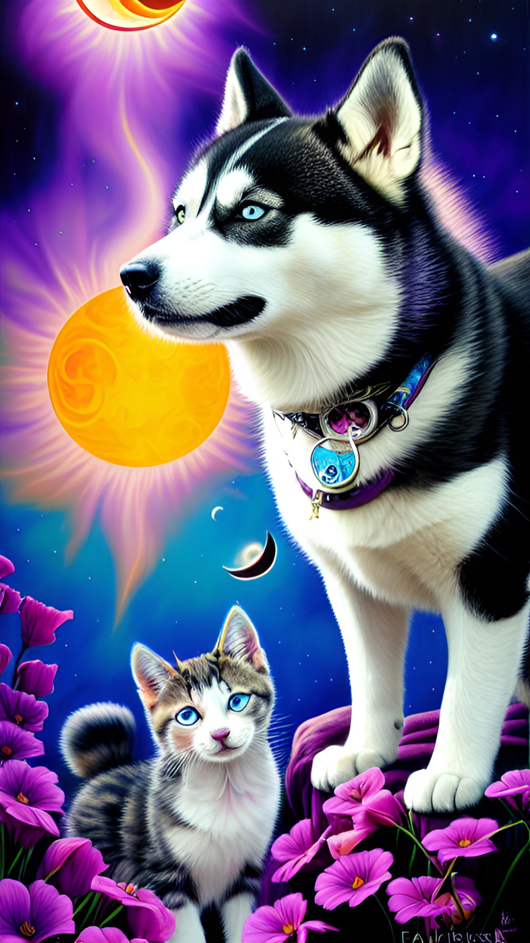 a husky and a kitten during a solar eclipse preview