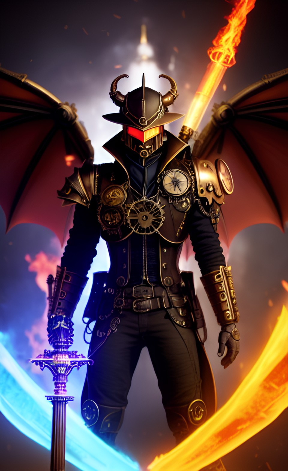 steampuck knight - dragon with neon horn, detailed head, dark knight armor, bahamut, final fantasy, around him with flame, holding great sword, sharp focus, synthwave art, aesthetic, octane render, raw, cinematic preview