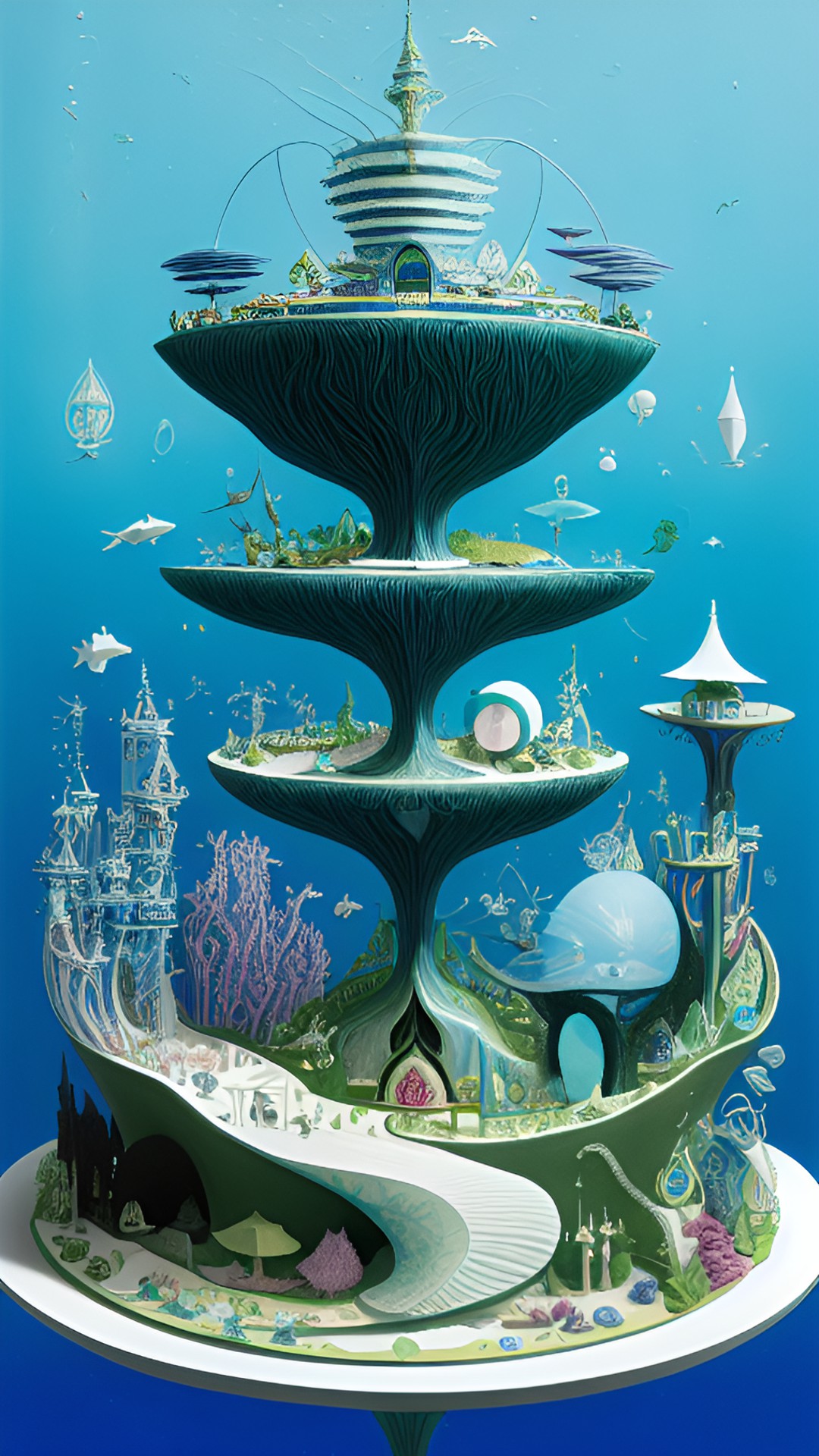 "kay nielsen" sculpture “samorost” “david hockney” electric, whimsical, 3d printed, atlantis, underwater mermaid city, underwater castle, preview