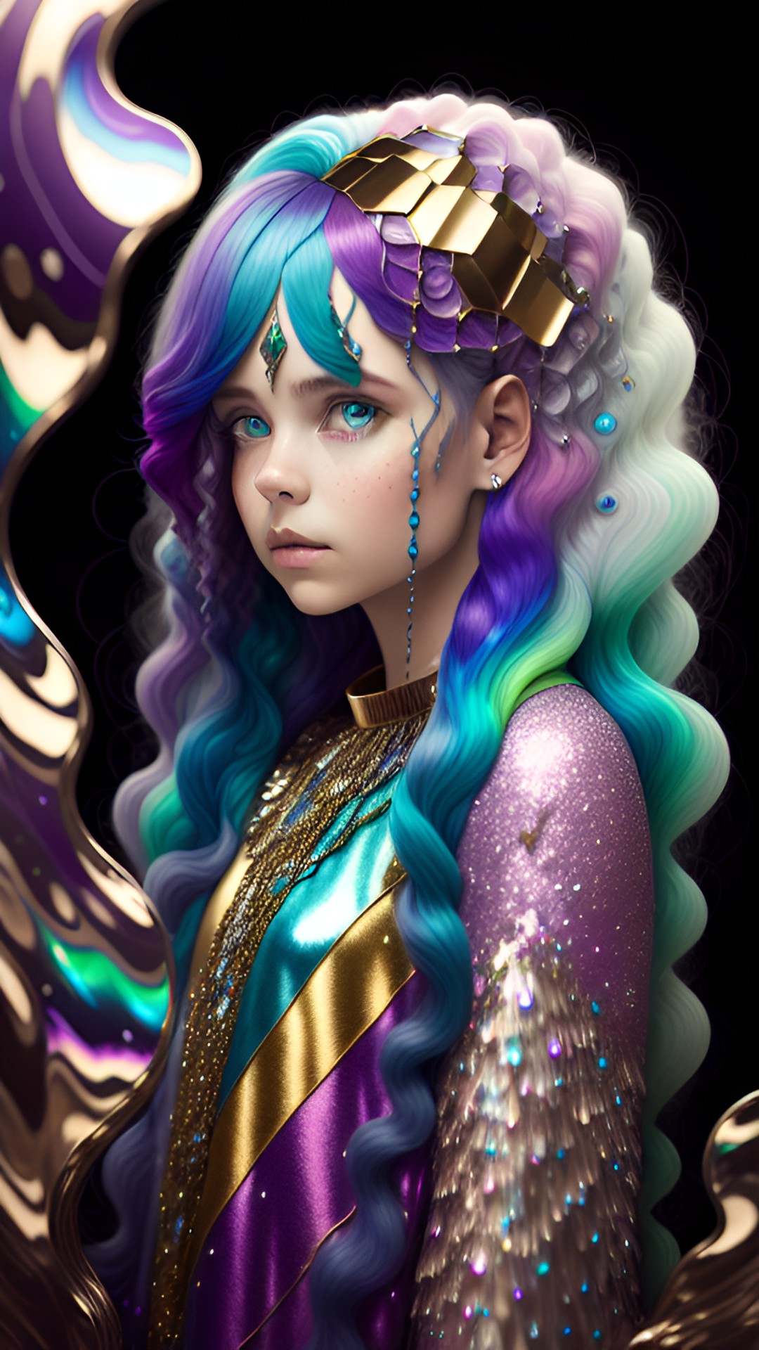 marbled geode waterfall woman with metallic rainbow ribbon hair preview