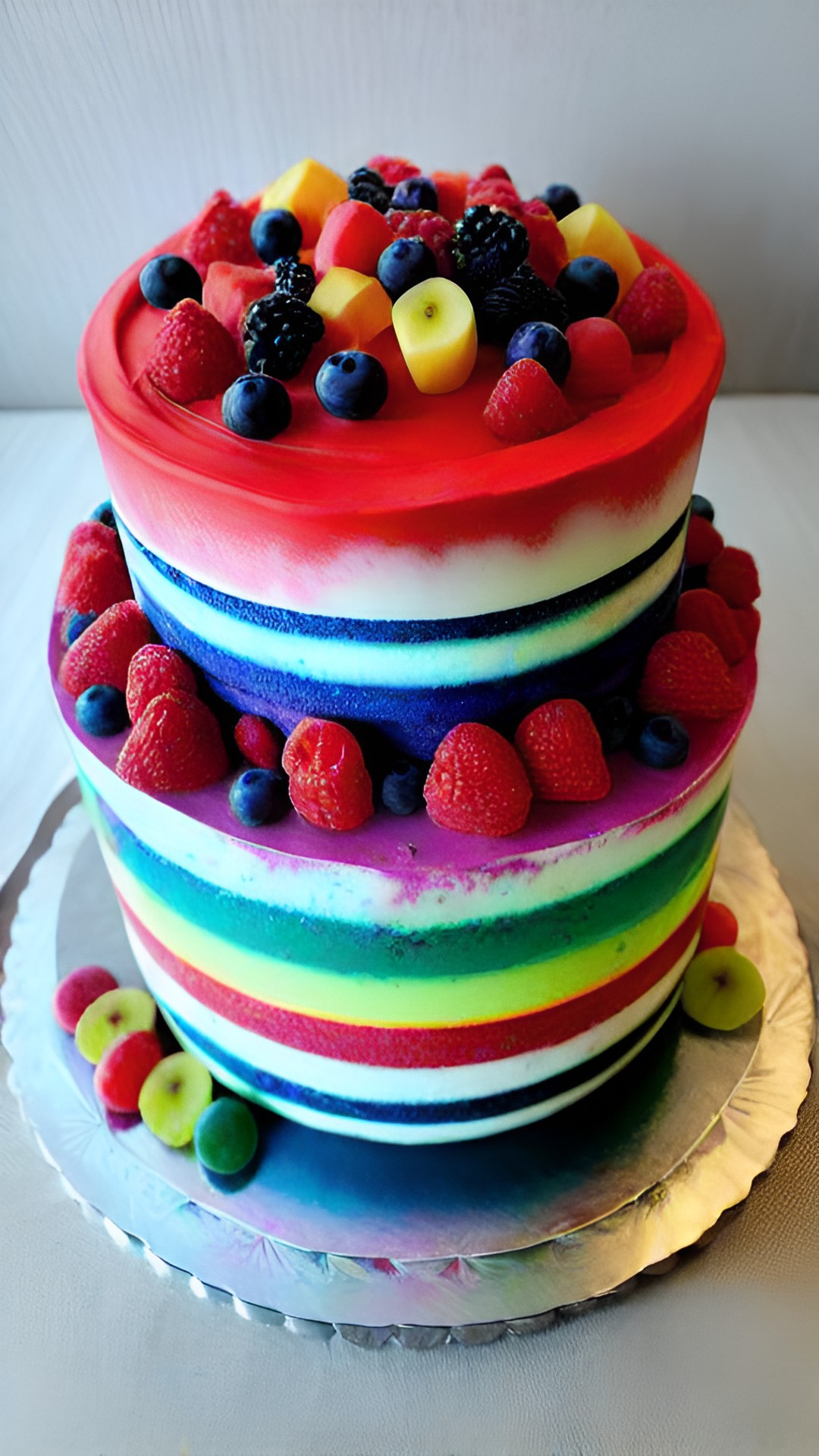 Rainbow Layer Cake - realistic 6 layered rainbow cake decorated with fruit and sprinkles preview