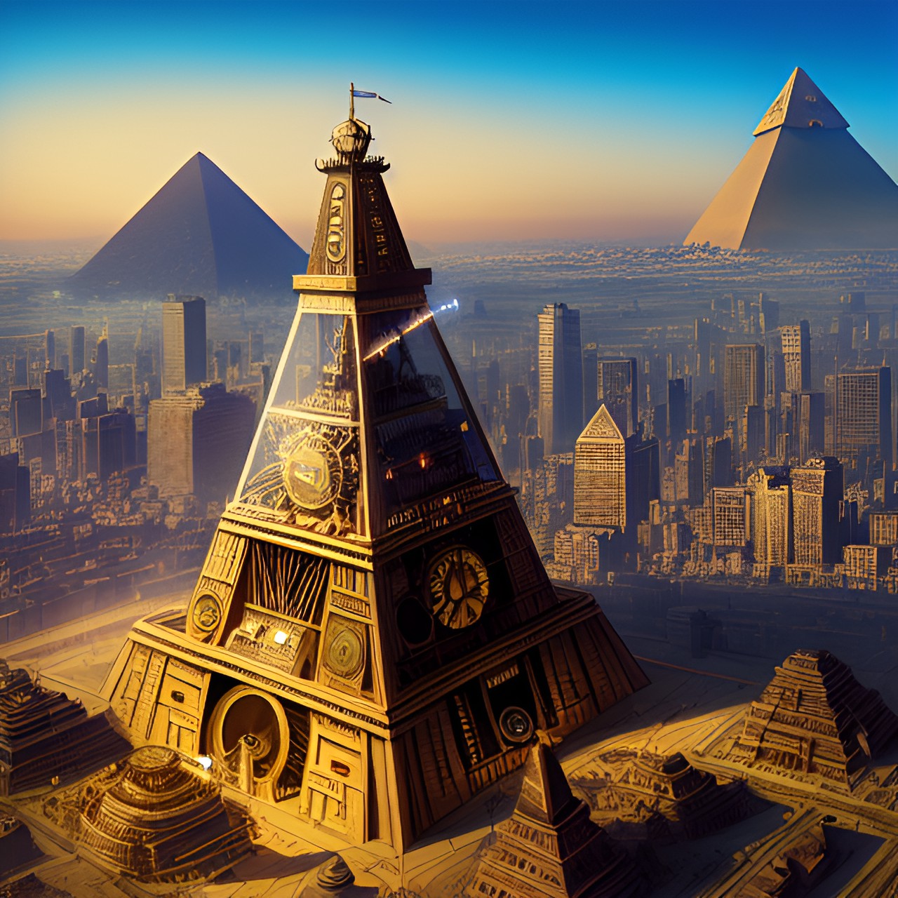 steampunk egypt - monas tower monument and giza pyramid in another world preview