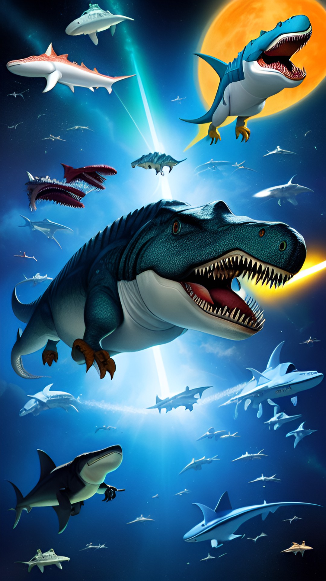 dinosaurs versus sharks invasion in space - a fierce group of t-rex dinosaurs wearing sleek space helmets and wielding laser blasters, battling a squad of hammerhead sharks with hyperdrive fins and  - preview