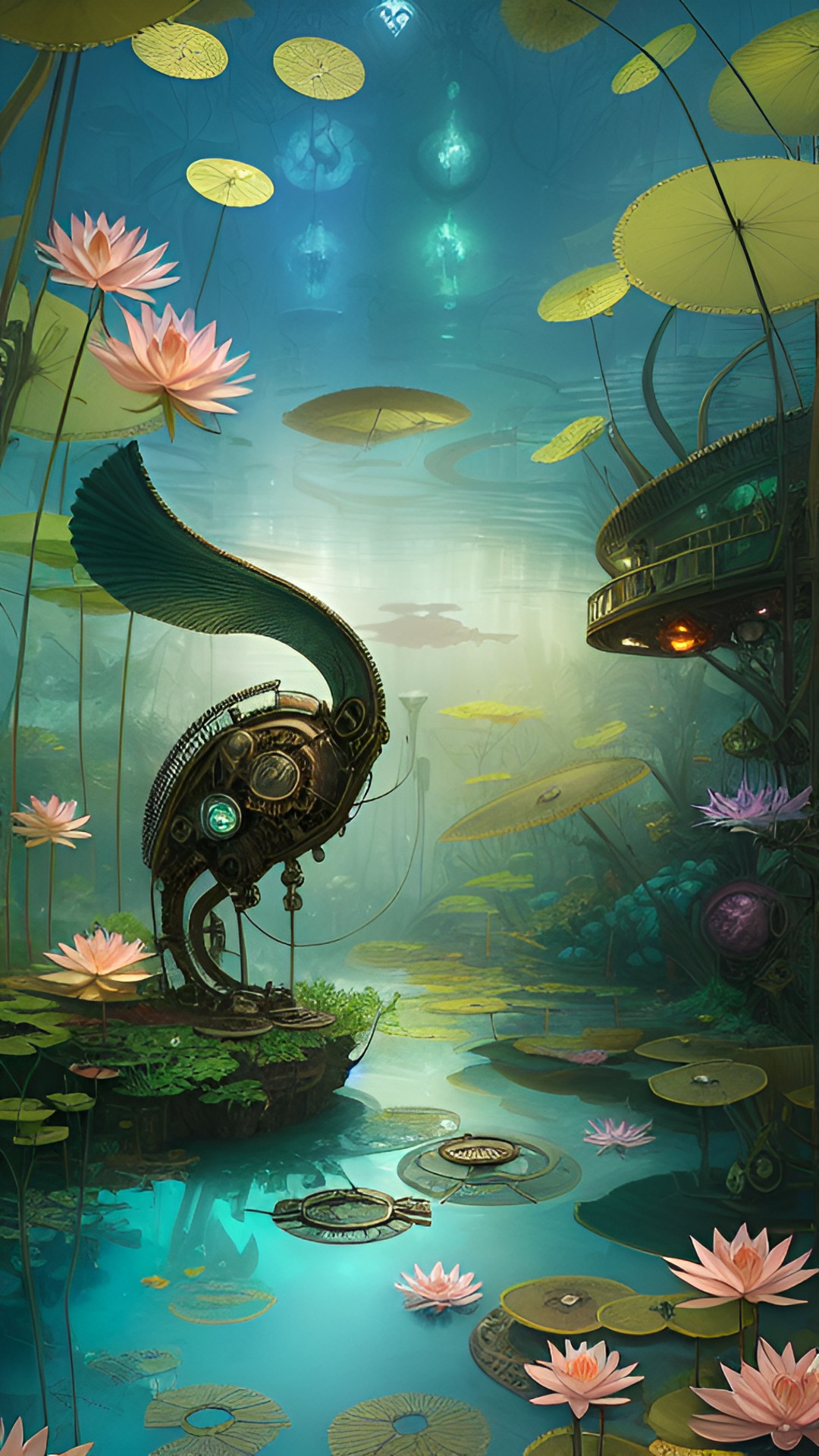 sea creature coming out of pond in the forest lotus flowers on pond preview