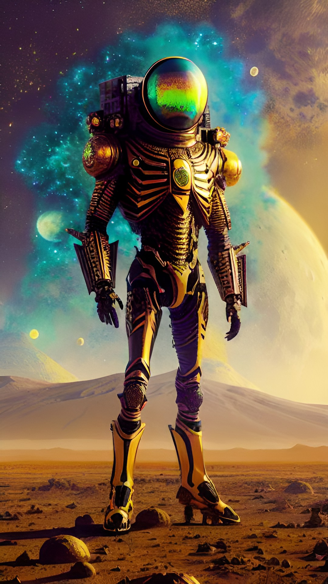 an alien in the form of a golden and black skeleton covered in colorful mold that lives on the surface of the moon preview