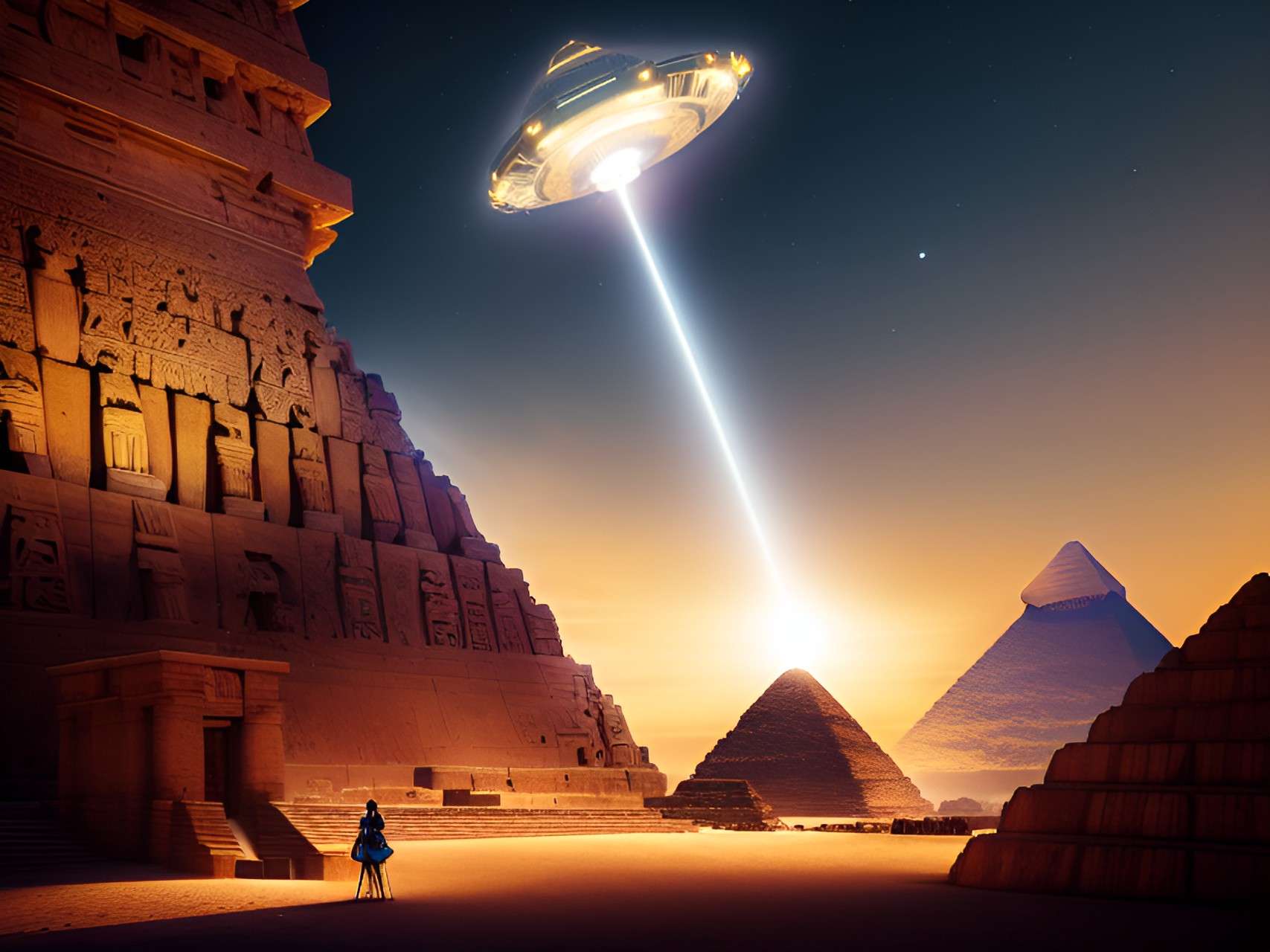 ピラミッドとUFO - generate an image of a ufo hovering above the pyramids of giza, beaming down onto the pyramids, with cleopatra in her royal attire standing in front of the pyramids. preview