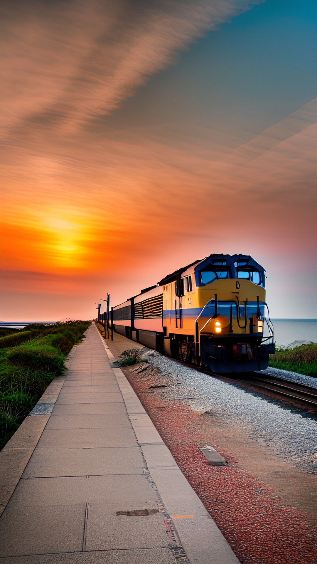 Way - lonely stand beside a train in evening next to the sea preview