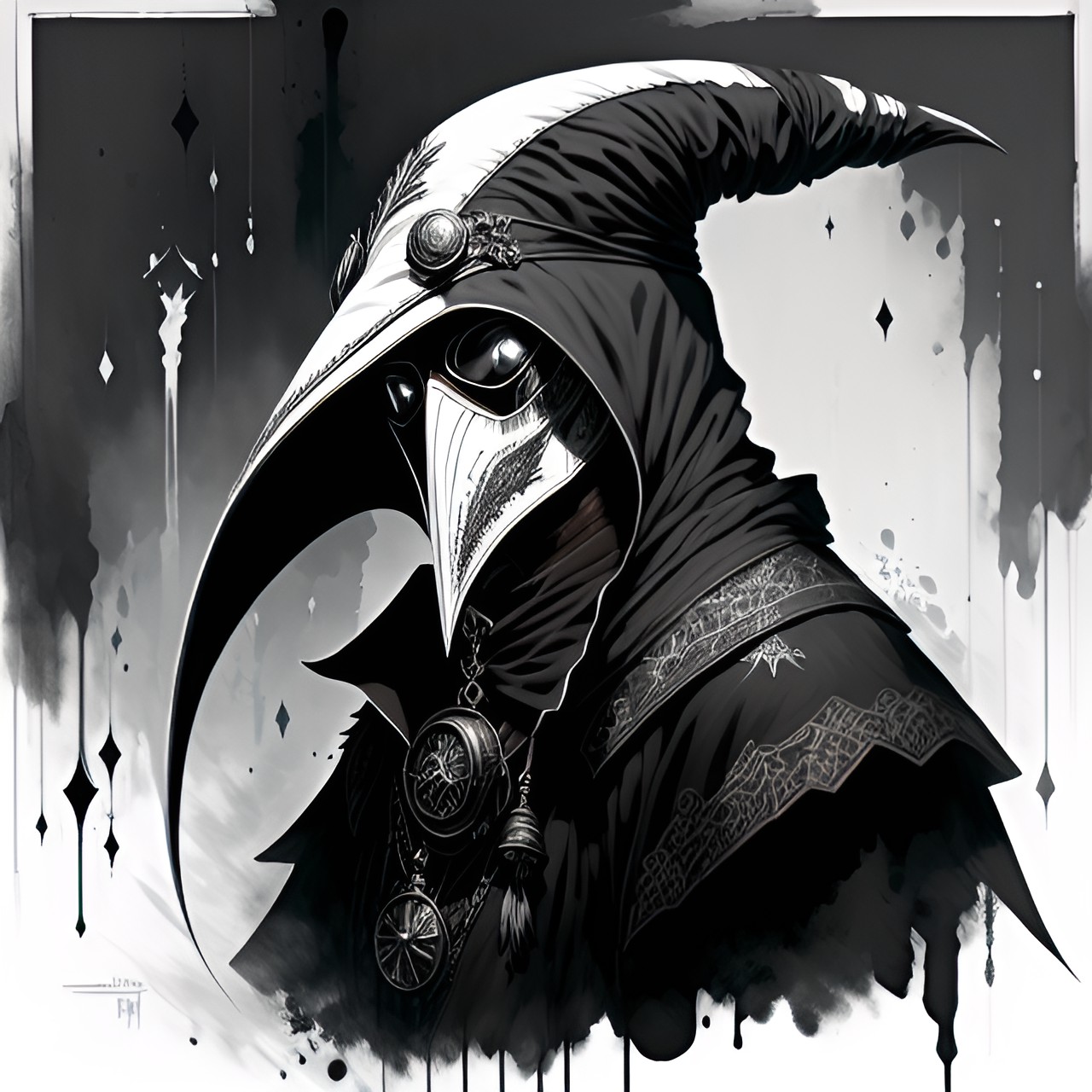 elf in a plague doctor mask with a long beak and eyepieces and a death hat preview