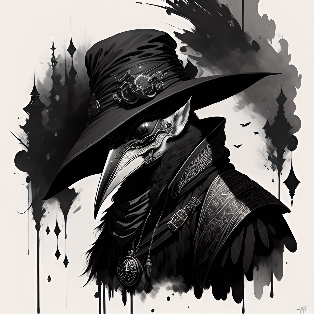 elf in a plague doctor mask with a long beak and eyepieces and a death hat preview