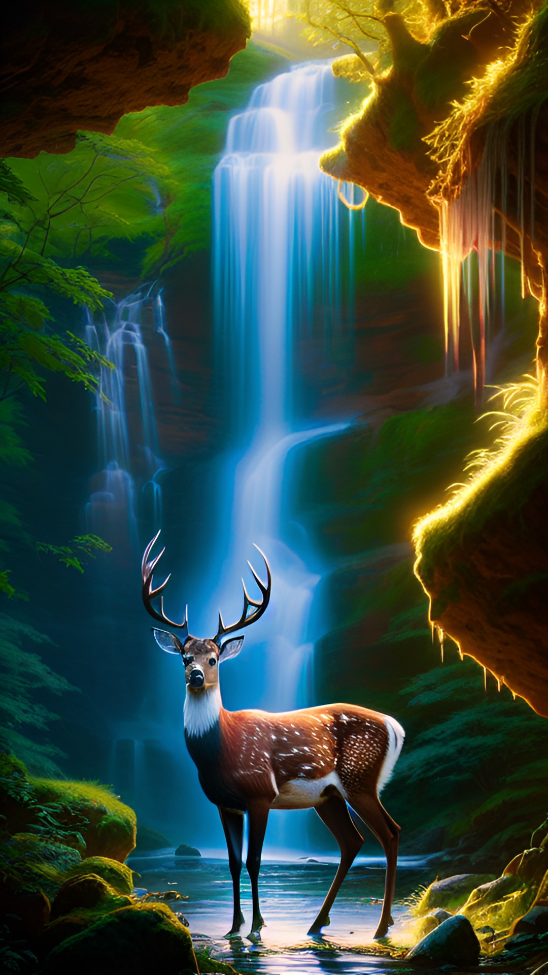 deer drinking by a serene waterfall preview