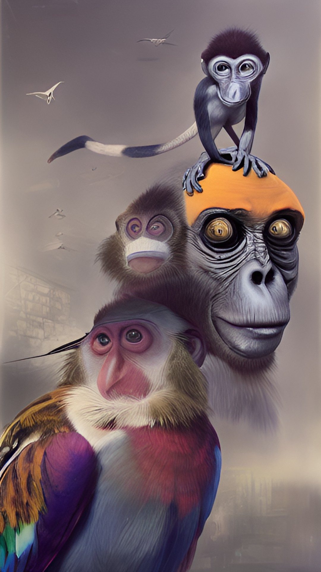 mad birds, mutant to monkeys, concept art digital art trending on artstation arthur tress joel-peter witkin portrait lights of colors preview