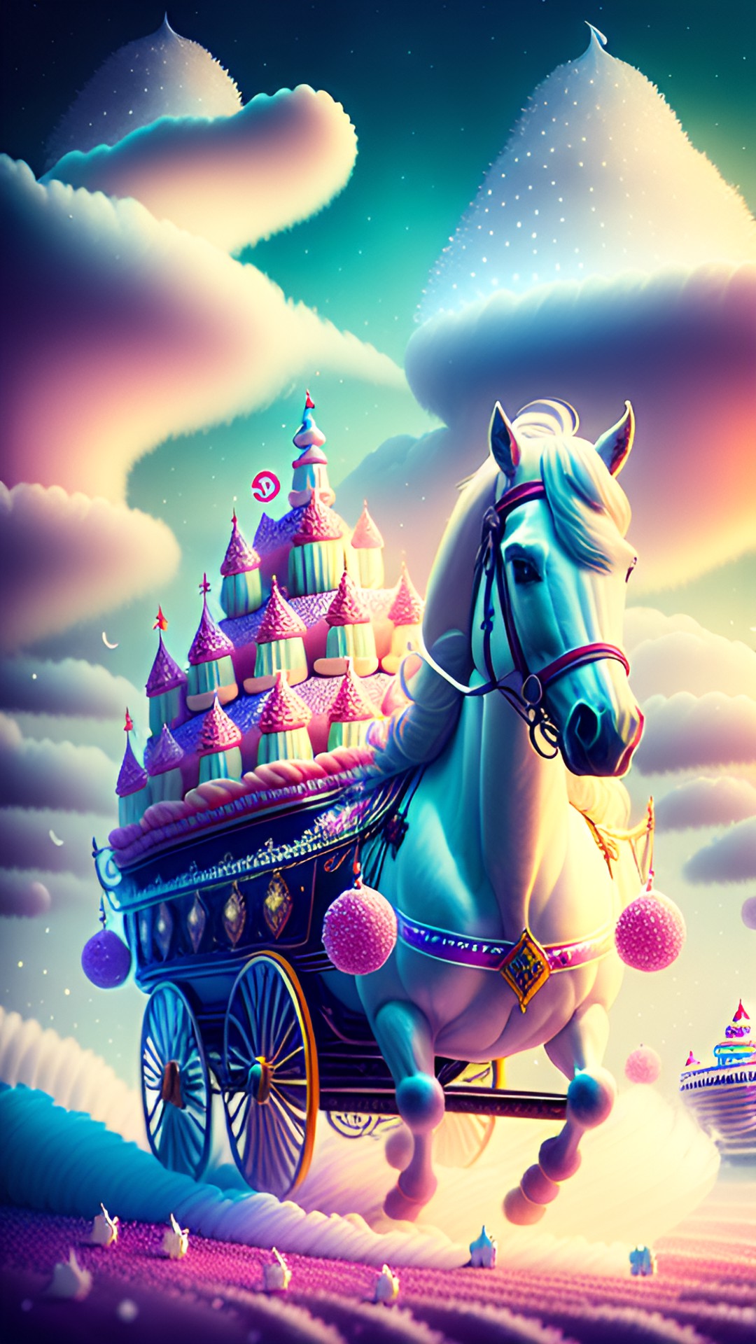 cupcake carriages led by white horses in candy land preview