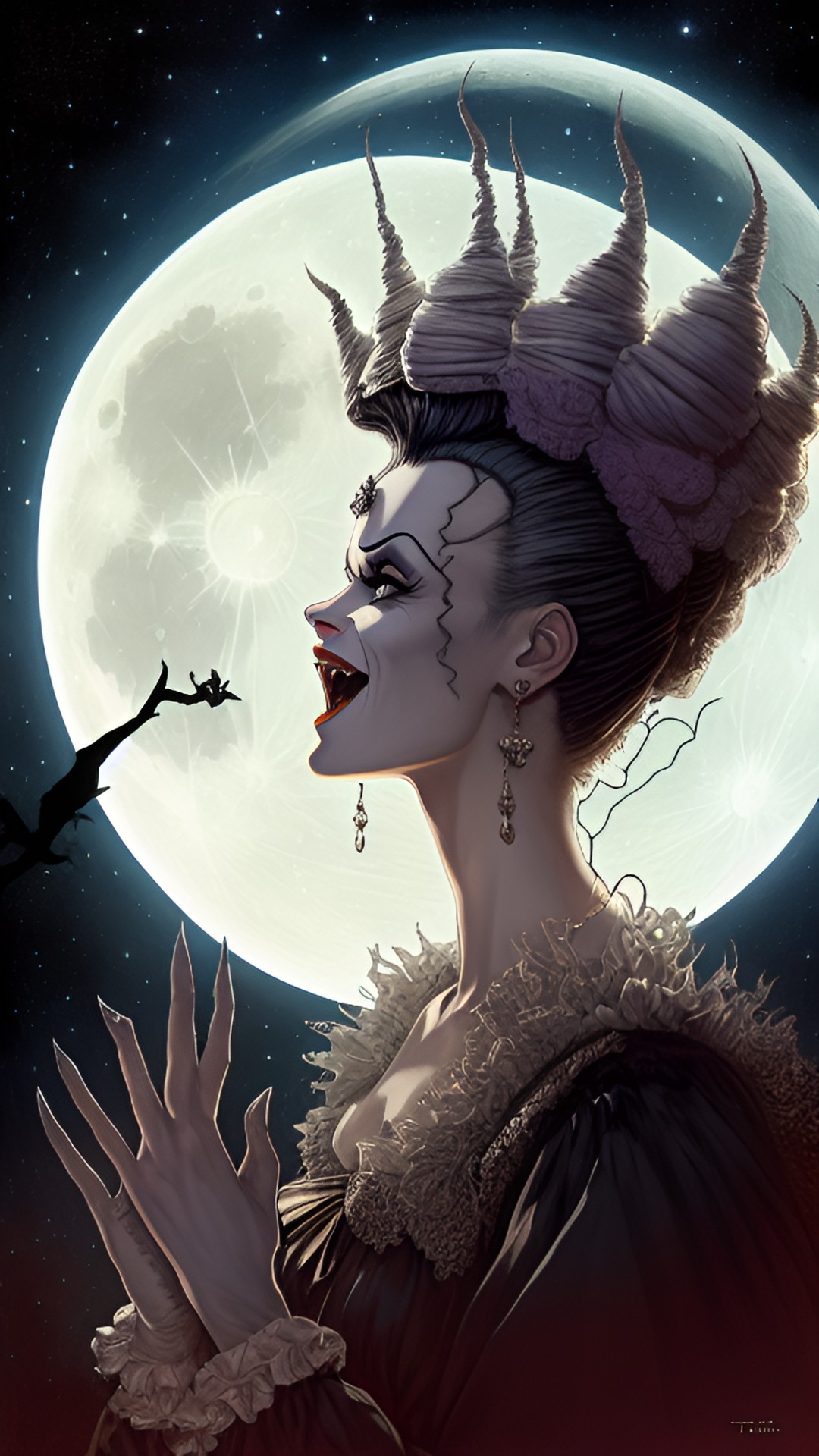 bride of frankenstein looking up at moon with hands outstretched laughing joyfully preview