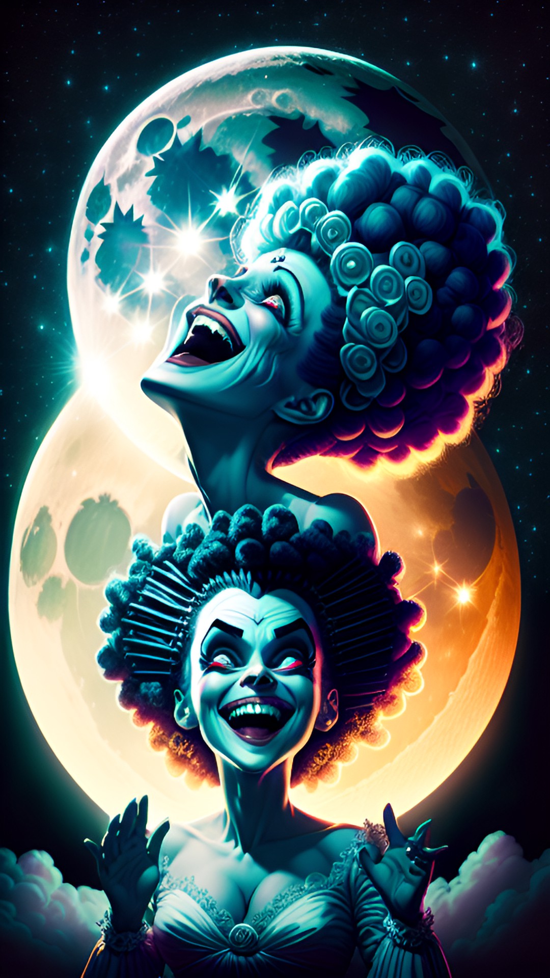 bride of frankenstein looking up at moon with hands outstretched laughing joyfully preview