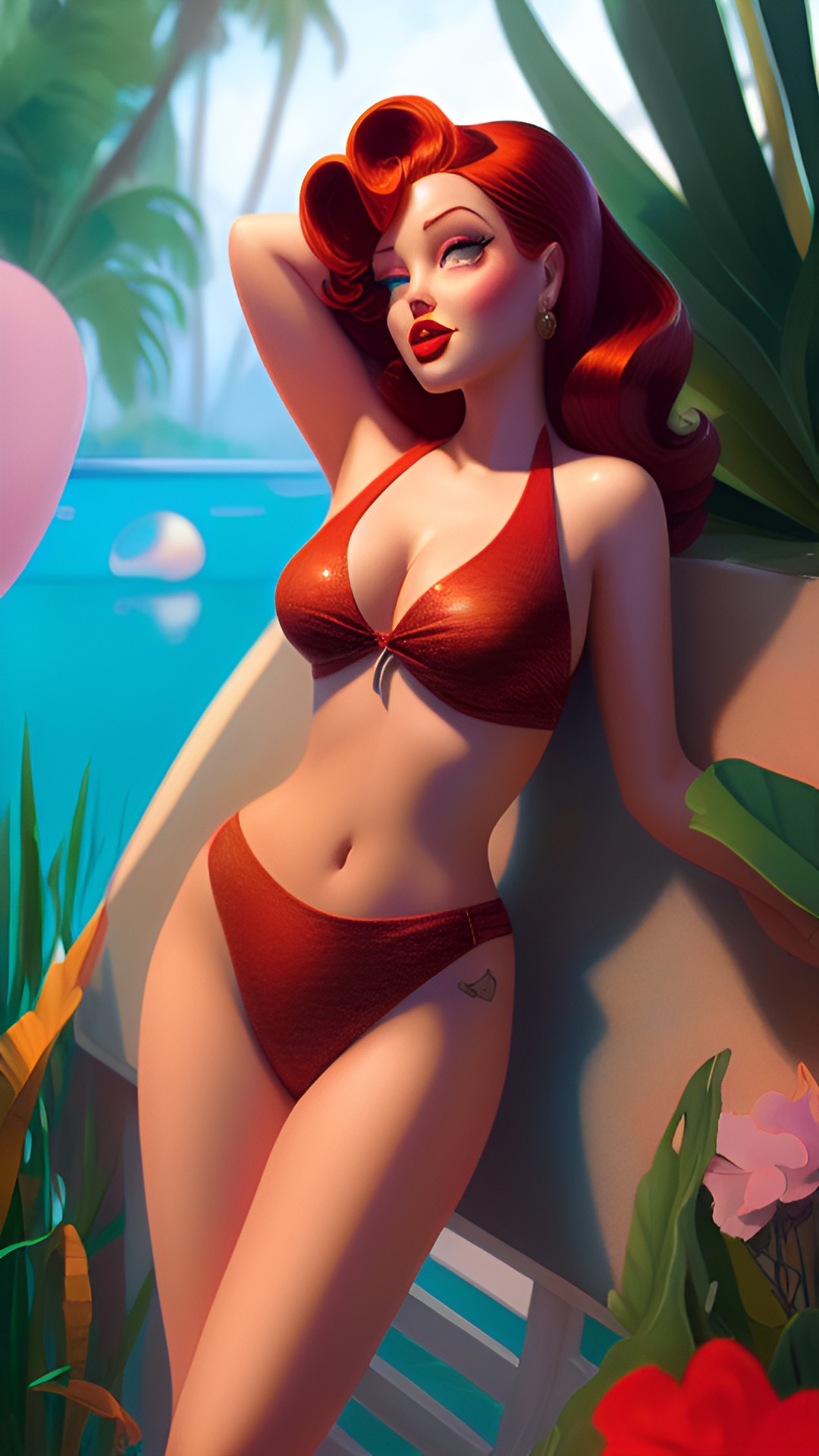 jessica rabbit in a pin up style two piece swim suit poolside preview