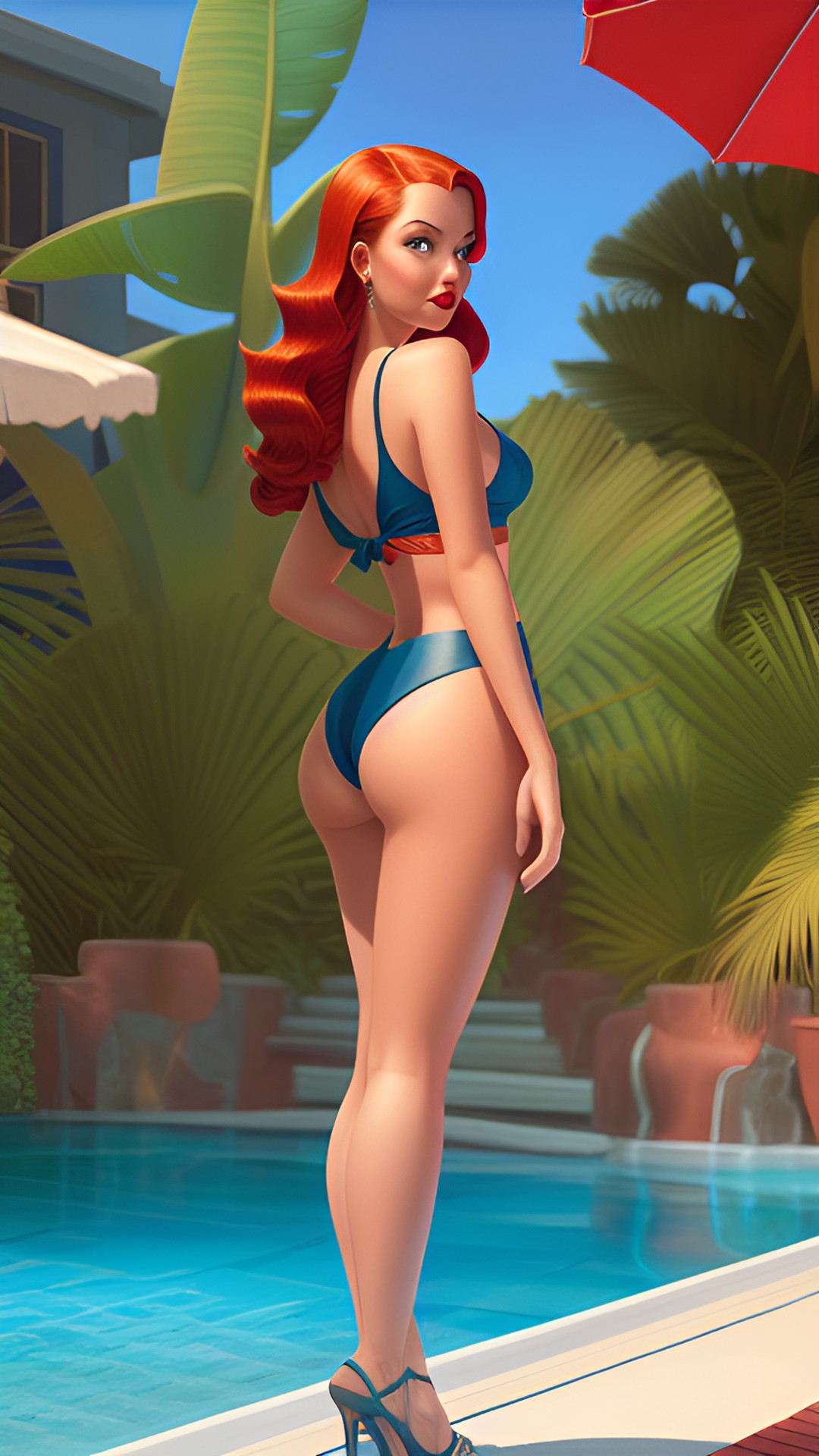 jessica rabbit in a high waisted nautical pin up style two piece swim suit poolside preview