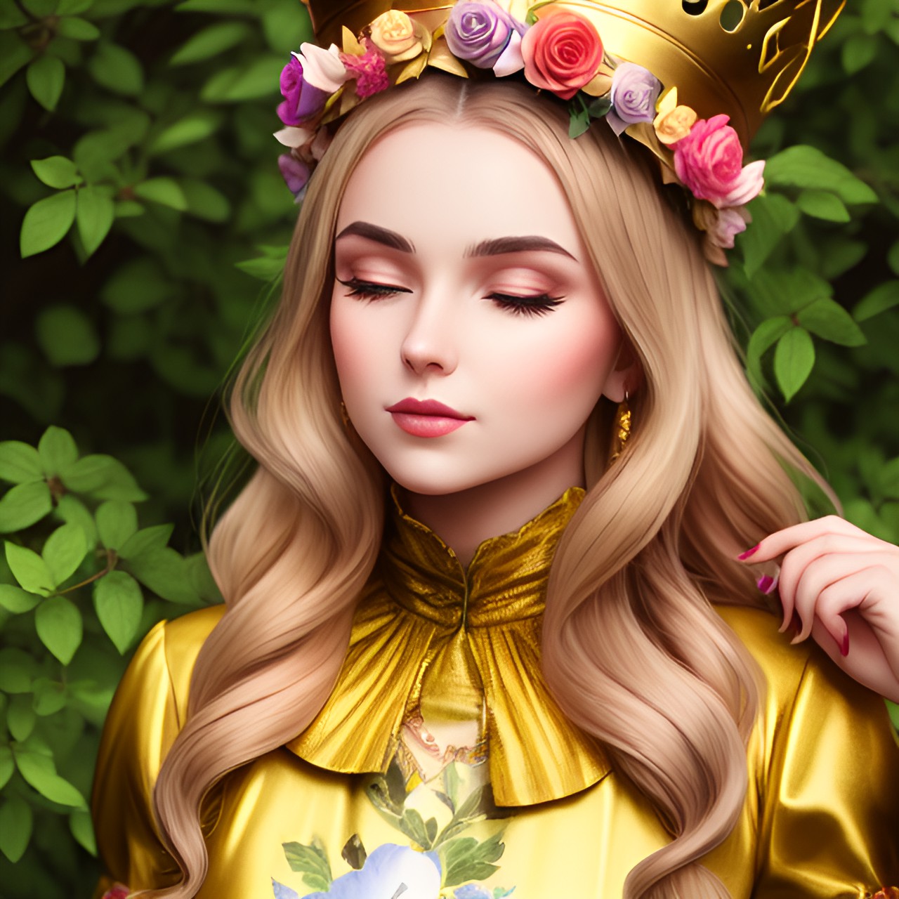 a gorgeous realistic woman with golden vibes and a floral crown with an alice in wonderland feel preview