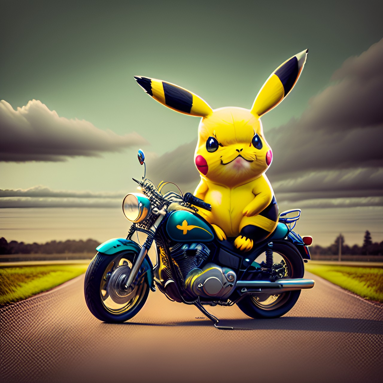 pikachu wearing chaps and looking cool riding a motorcycle preview