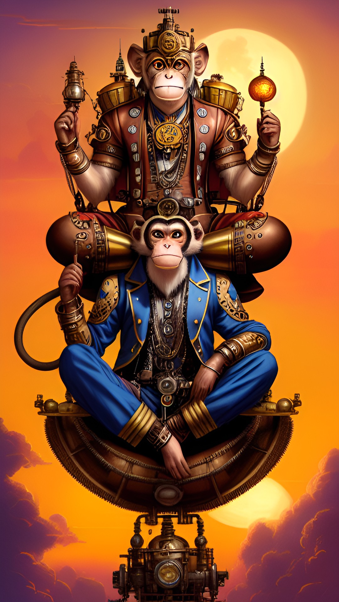 om - monkey god hanuman sitting on a lotus in the sky at sunset preview