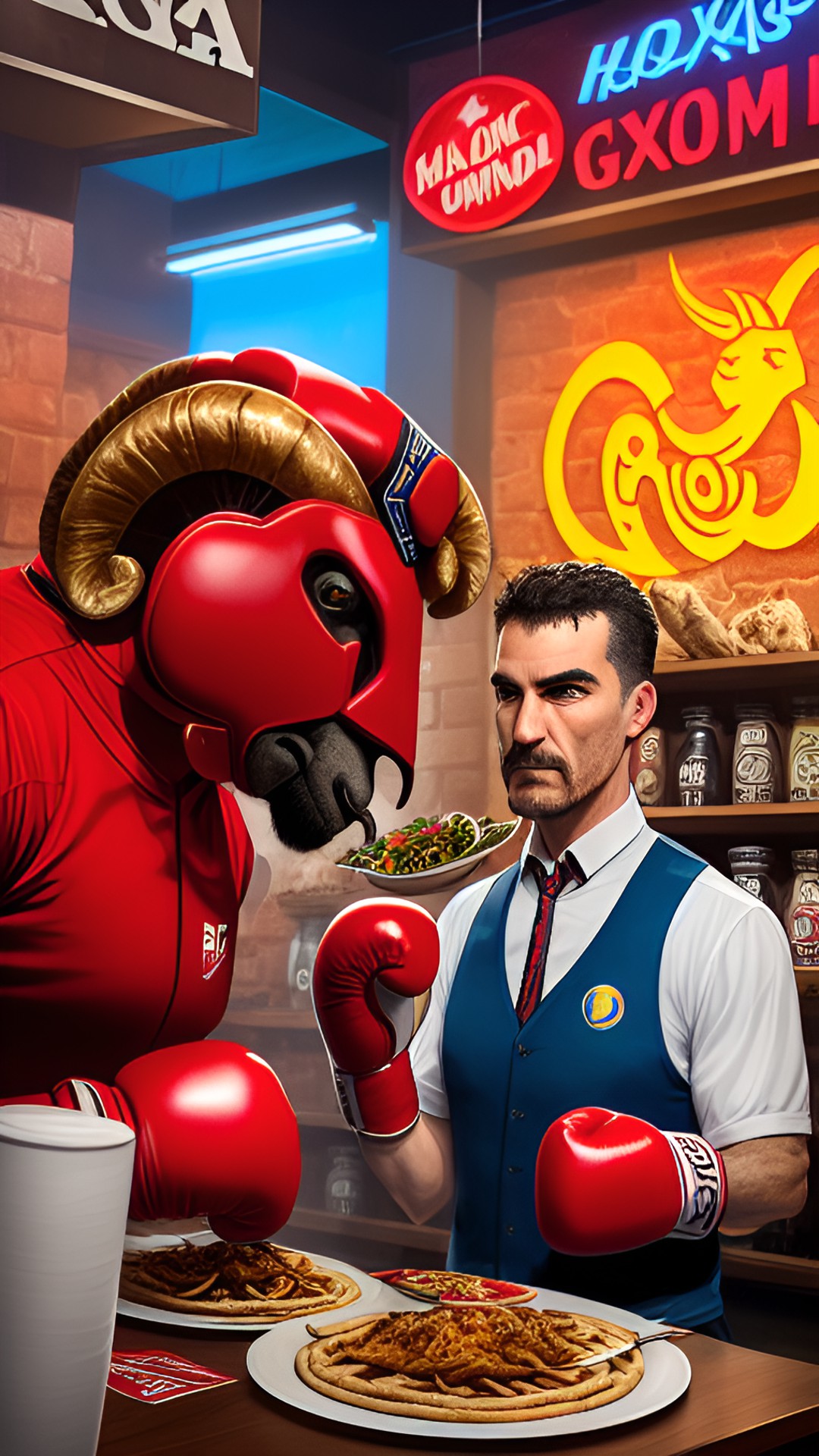 🥊🐏🥙📅 - a fierce ram donning boxing gloves, standing next to a plate of delicious greek gyros and a calendar marked with championship match dates." preview