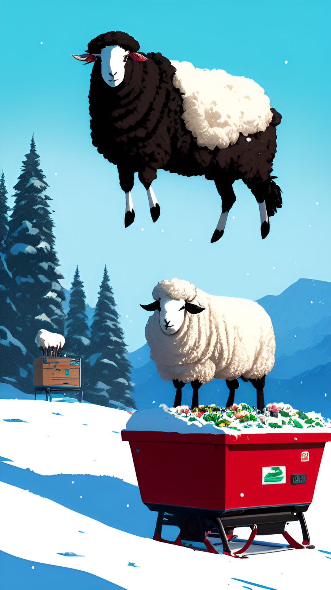 🗄️🐑🧆🛷 - a woolly sheep perched atop a colorful sled as it glides down a snow-covered hill, with a bowl of aromatic lamb shawarma sitting nearby in a vintage filing cabinet." preview