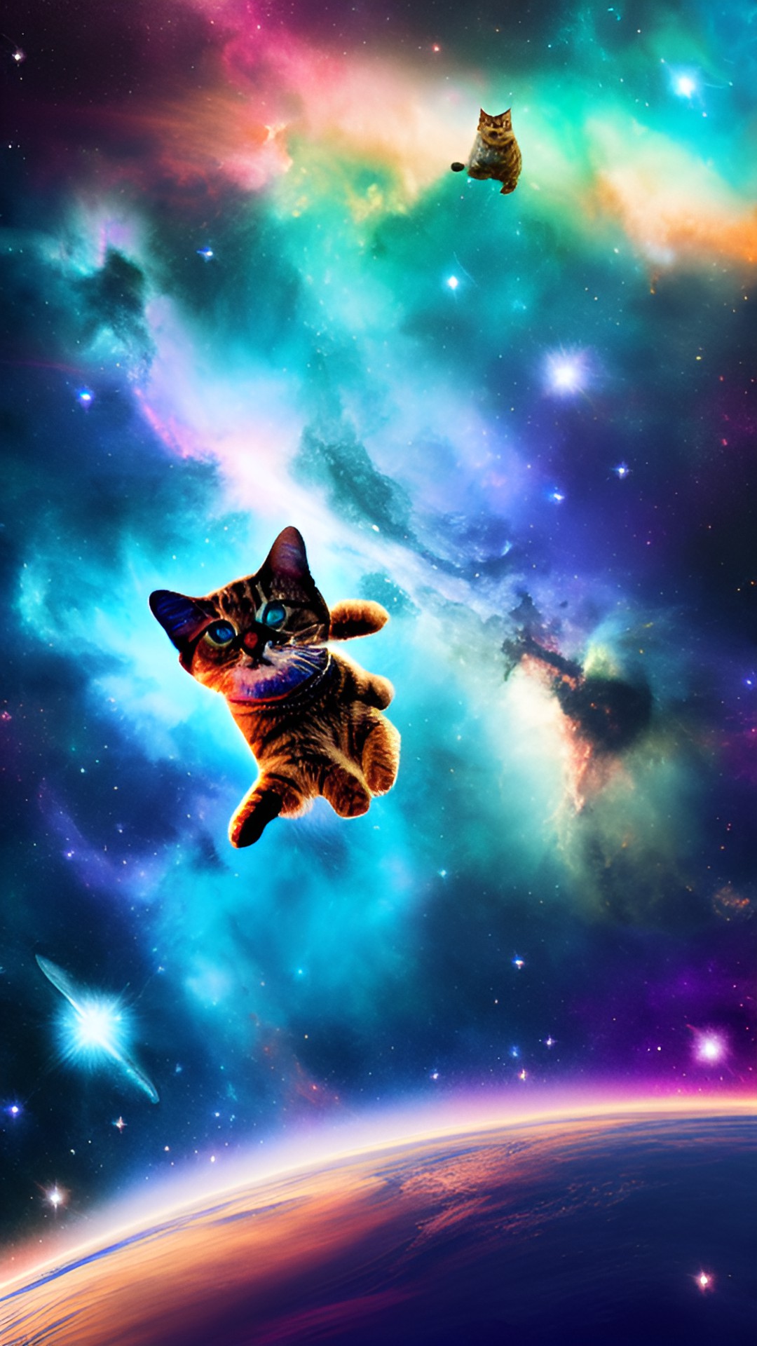 space cats flying in starry universe with nebulae and galaxies preview