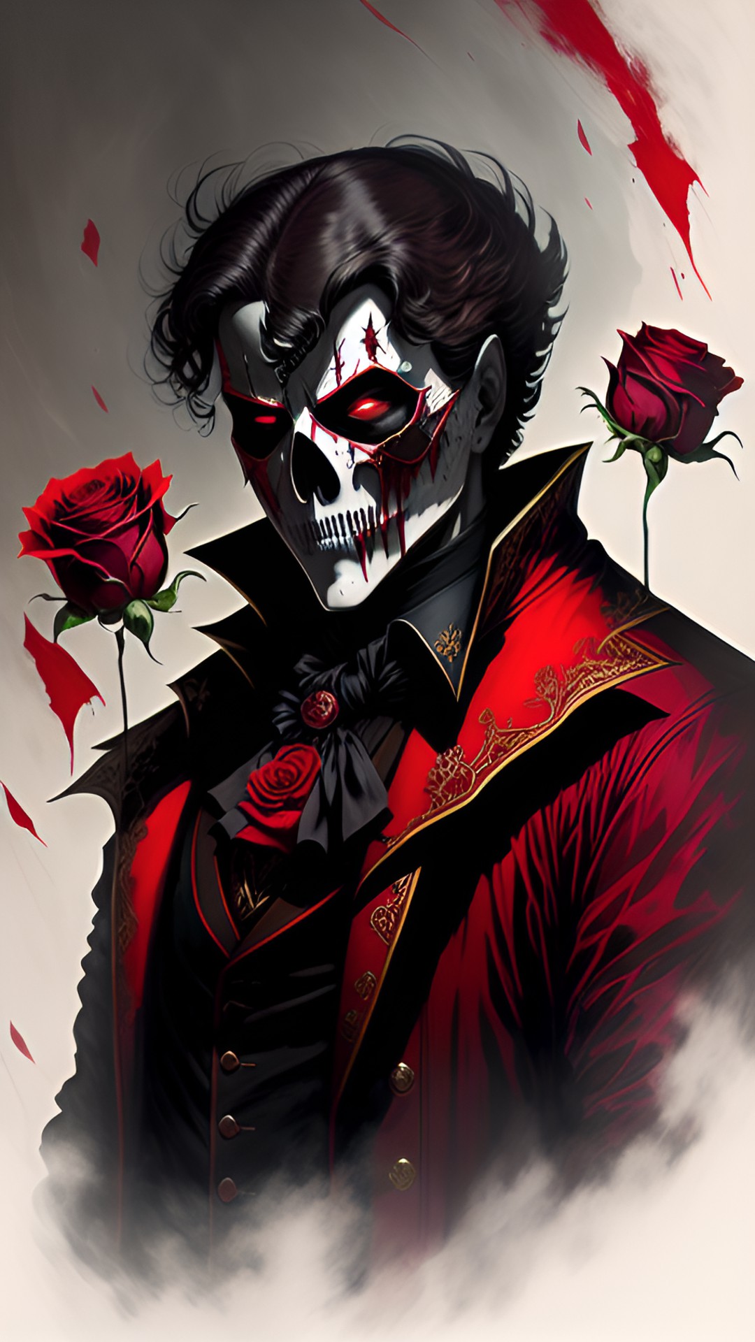 - the phantom of the opera holding a single, blood-red rose. he stands with a sense of foreboding, his mask hiding his true emotions. preview