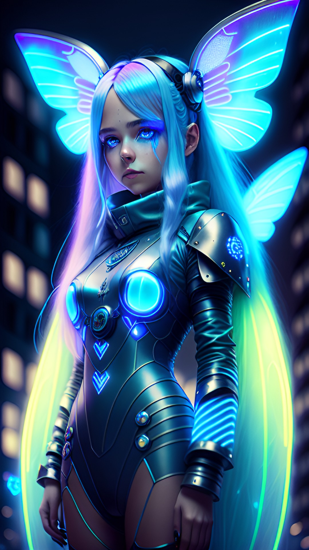 cyberpunk fairy with long straight blue hair, large fairy wings, wearing a silver turtleneck, glowing neon eyes, electronics and wires, hologram preview