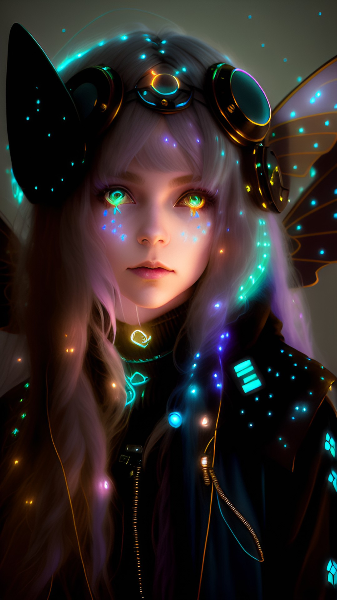 cyberpunk fairy with long straight blue hair, large fairy wings, wearing a silver turtleneck, glowing neon eyes, electronics and wires, hologram preview