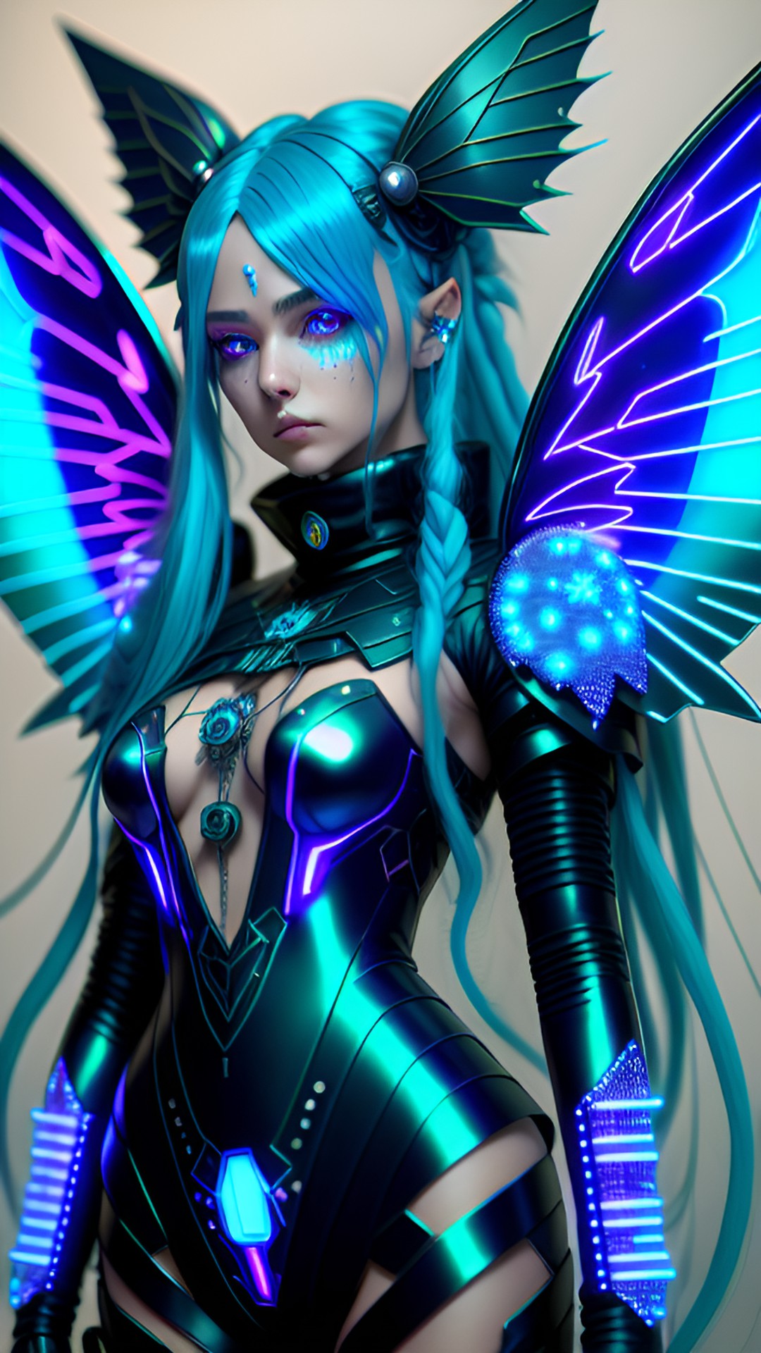 cyberpunk fairy with long blue hair, large fairy wings, wearing a turtleneck, fully covered, glowing neon hazel eyes, electronics & wires, hologram, pointy ears, 8k, extreme intricate detail, hyperreal, excellent composition, fix face, fix hands, detailed eyes, fix mouth, fix nose, sharp focus, no extra limbs, natural skin, early 30s, battle stance preview