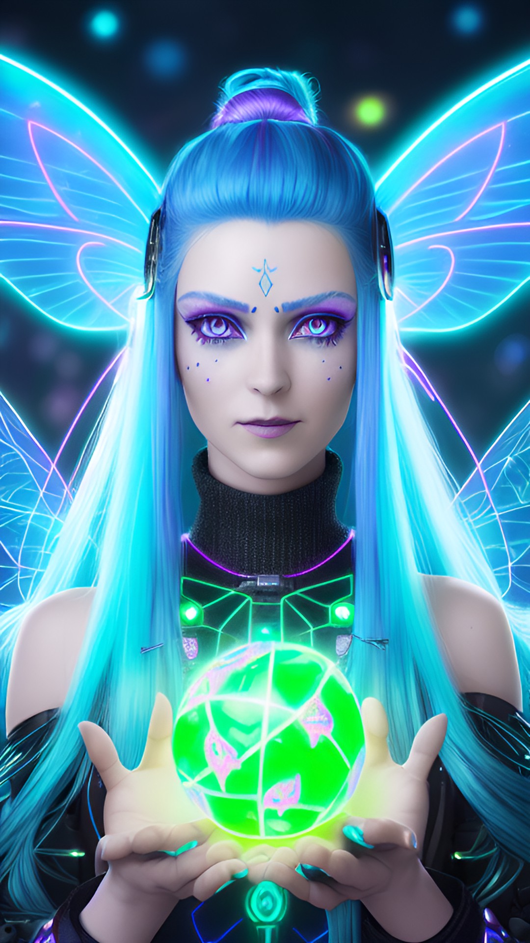 grinning cyberpunk fairy with long blue hair, large fairy wings, wearing a turtleneck, glowing neon hazel eyes, battle, electronics & wires, hologram, pointy ears, 8k, extreme intricate detail, hyperreal, excellent composition, fix face, fix hands, detailed eyes, fix mouth, fix nose, sharp focus, no extra limbs, natural skin, age 30, preview