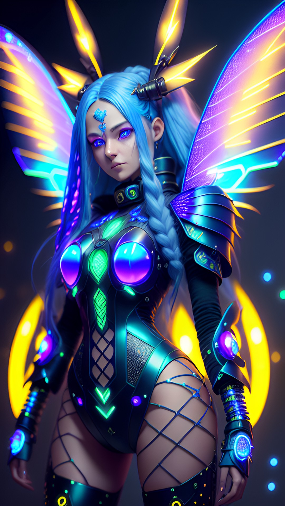 grinning cyberpunk fairy with long blue hair, large fairy wings, wearing a turtleneck, glowing neon hazel eyes, battle pose, electronics & wires, hologram, pointy ears, 8k, extreme intricate detail, hyperreal, excellent composition, fix face, fix hands, detailed eyes, fix mouth, fix nose, sharp focus, no extra limbs, natural skin, age 30, preview