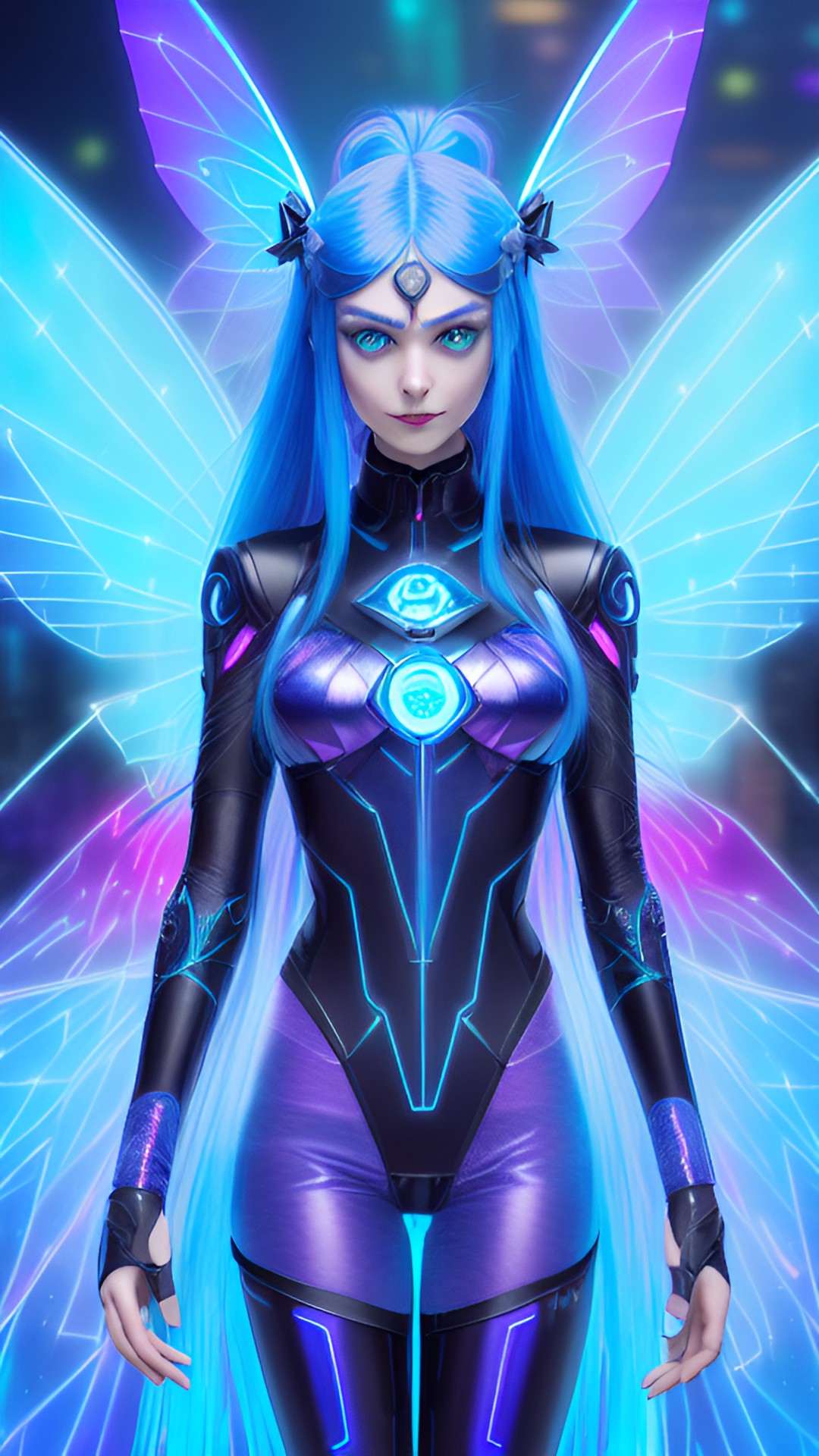 grinning cyberpunk fairy with long blue hair, large fairy wings, glowing neon hazel eyes, battle pose, electronics & wires, hologram, pointy ears, 8k, extreme intricate detail, hyperreal, excellent composition, fix face, fix hands, detailed eyes, fix mouth, fix nose, sharp focus, no extra limbs, natural skin, loose clothes, turtleneck preview