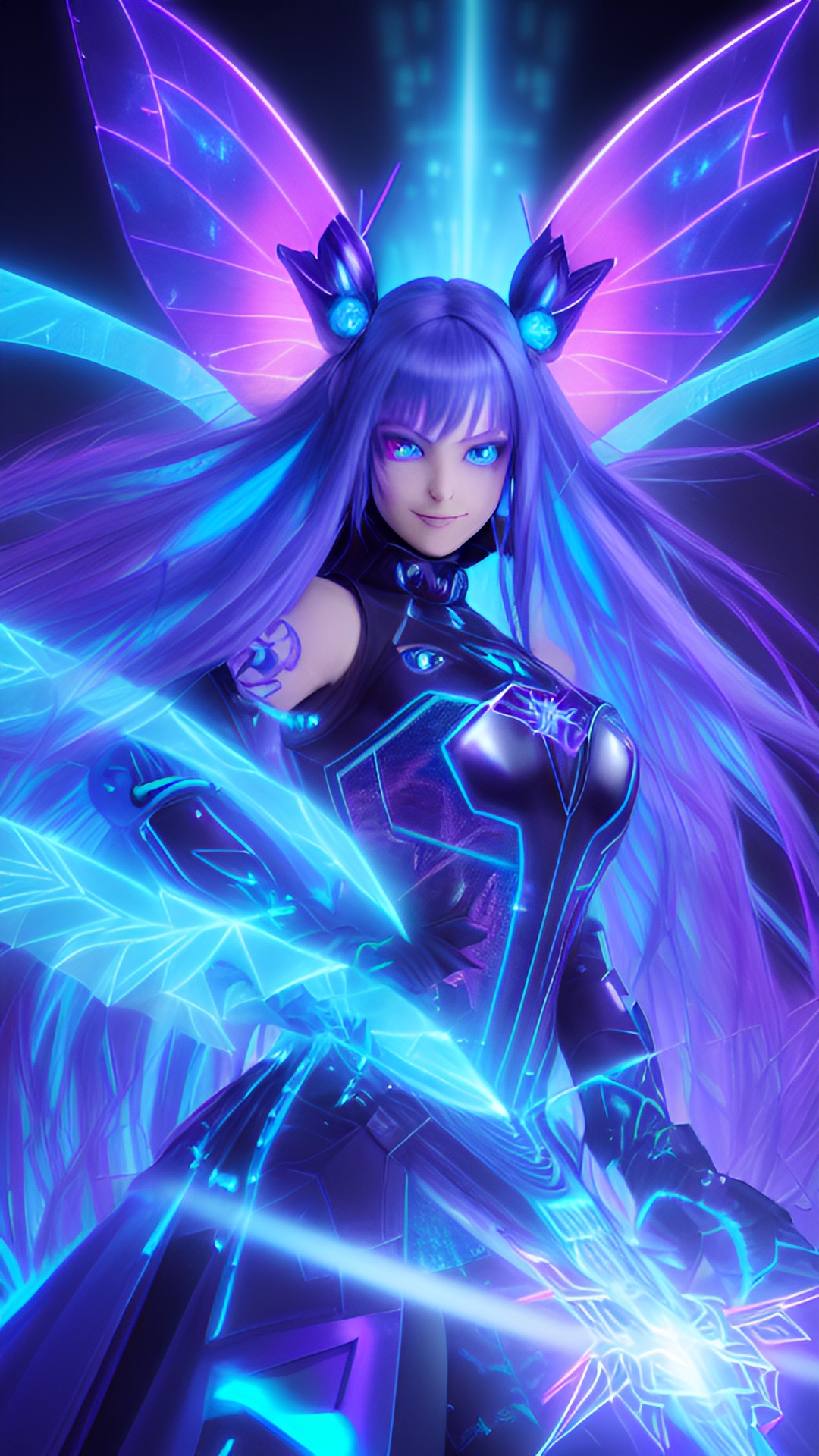 grinning cyberpunk fairy with long blue hair, large fairy wings, glowing neon eyes, battle pose, electronics & wires, hologram, pointy ears, 8k, extreme intricate detail, hyperreal, excellent composition, fix face, fix hands, detailed eyes, fix mouth, fix nose, sharp focus, no extra limbs, natural skin, loose clothes, turtleneck preview