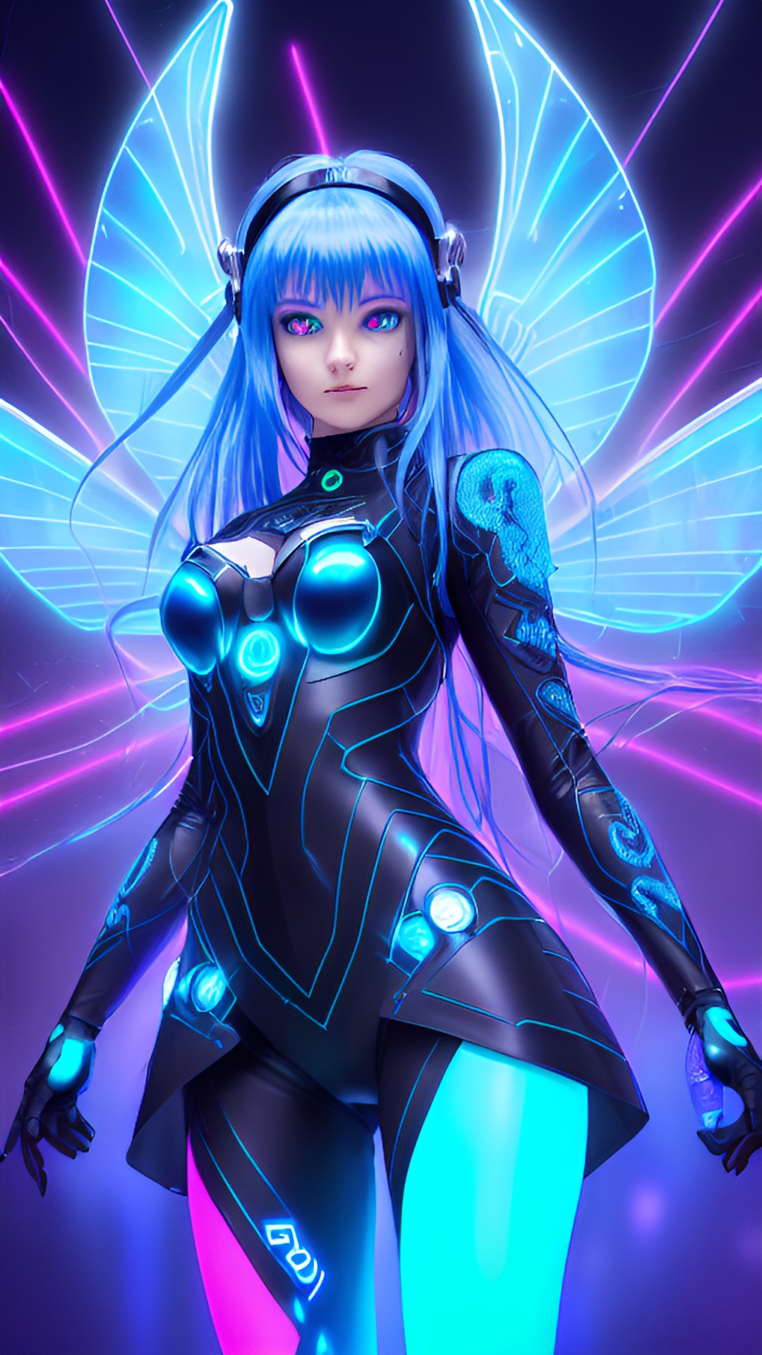 grinning cyberpunk fairy with long blue hair, large fairy wings, glowing neon eyes, battle pose, electronics & wires, hologram, pointy ears, 8k, extreme intricate detail, hyperreal, excellent composition, fix face, fix hands, detailed eyes, fix mouth, fix nose, sharp focus, no extra limbs, natural skin, loose clothes, turtleneck preview