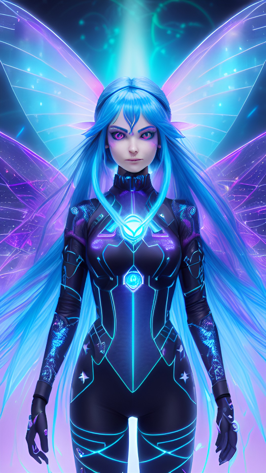 grinning cyberpunk fairy with long blue hair, large fairy wings, glowing neon eyes, battle pose, electronics & wires, hologram, pointy ears, 8k, extreme intricate detail, hyperreal, excellent composition, fix face, fix hands, detailed eyes, fix mouth, fix nose, sharp focus, no extra limbs, natural skin, loose clothes, turtleneck preview