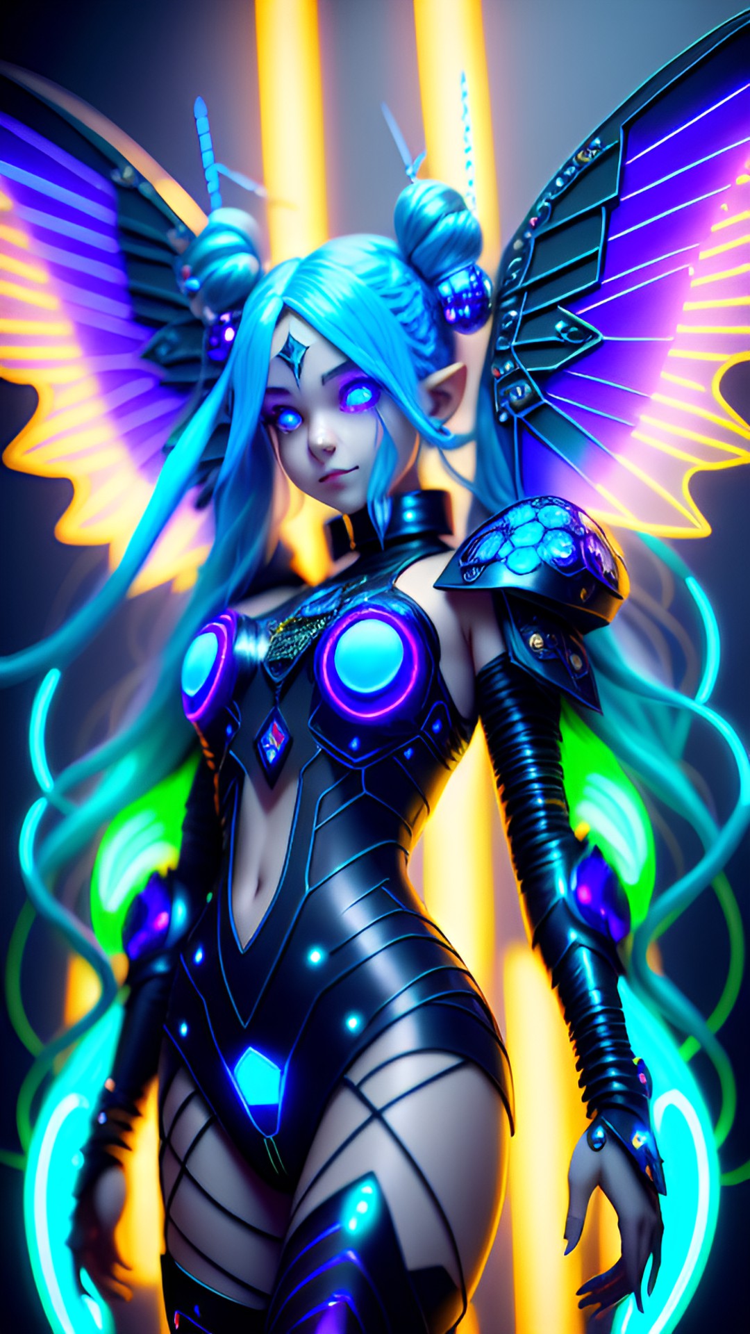 grinning cyberpunk fairy with long blue hair, large fairy wings, glowing neon eyes, dancing pose, electronics & wires, hologram, pointy ears, 8k, extreme intricate detail, hyperreal, asymmetric composition, fix face, fix hands, fix eyes, fix mouth, fix nose, sharp focus, no extra limbs, natural skin, flowing clothes, turtleneck preview